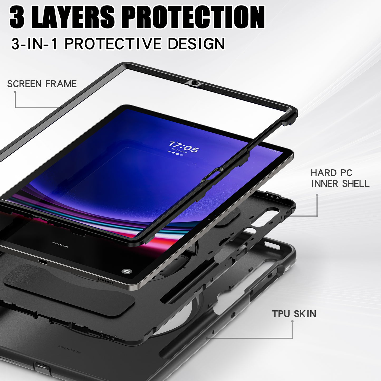 For Samsung Galaxy Tab S9 FE+ / S7+ T970 / Tab S7 FE T730 / Tab S8+ X800 / Tab S9+ X810 Case Pen Holder PC+TPU Tablet Kickstand Cover - Black