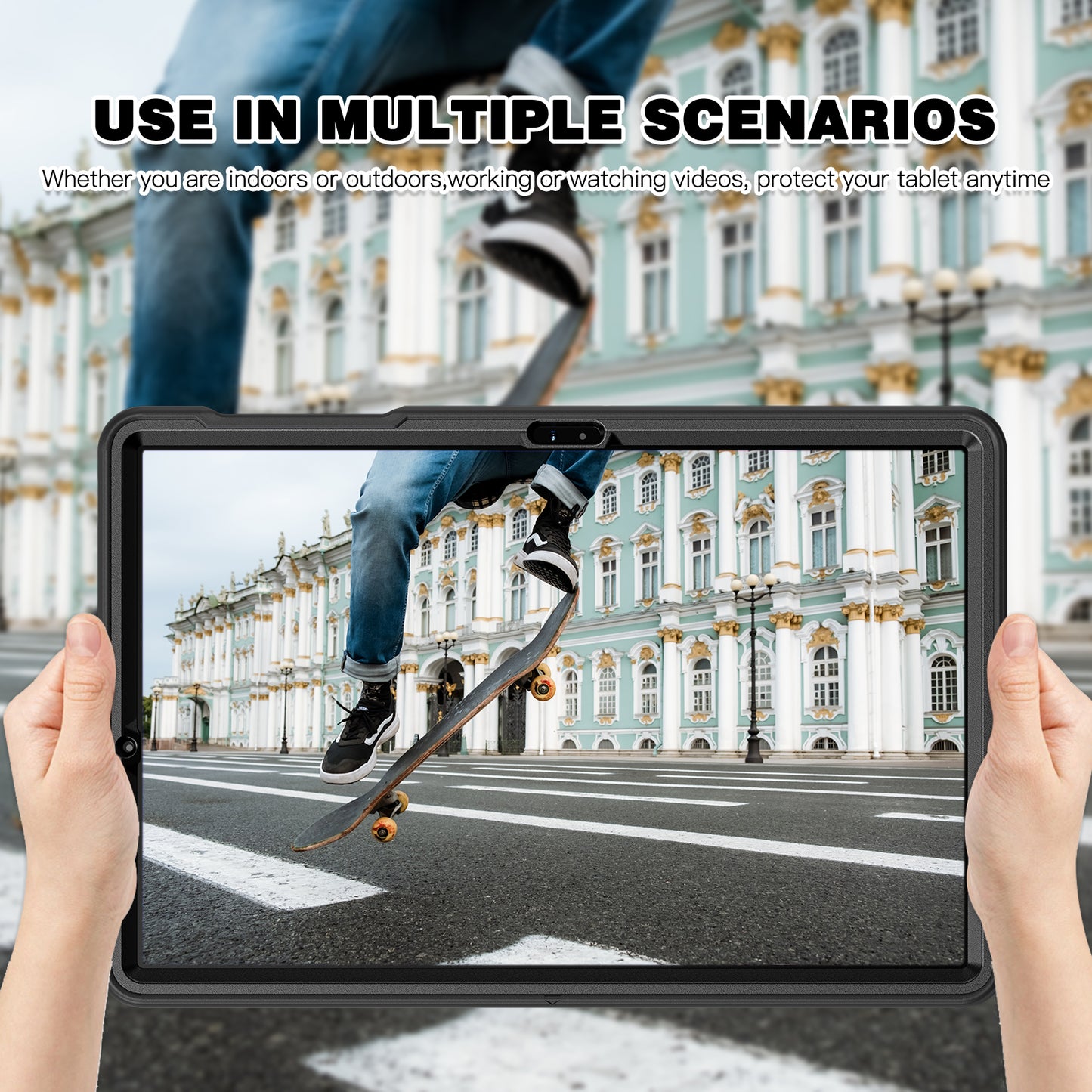 For Samsung Galaxy Tab S9 FE+ / S7+ T970 / Tab S7 FE T730 / Tab S8+ X800 / Tab S9+ X810 Case Pen Holder PC+TPU Tablet Kickstand Cover - Black