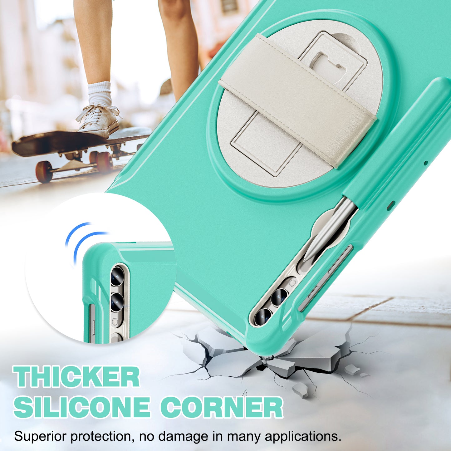 For Samsung Galaxy Tab S9 FE+ / S7+ T970 / Tab S7 FE T730 / Tab S8+ X800 / Tab S9+ X810 Case Pen Holder PC+TPU Tablet Kickstand Cover - Mint Green