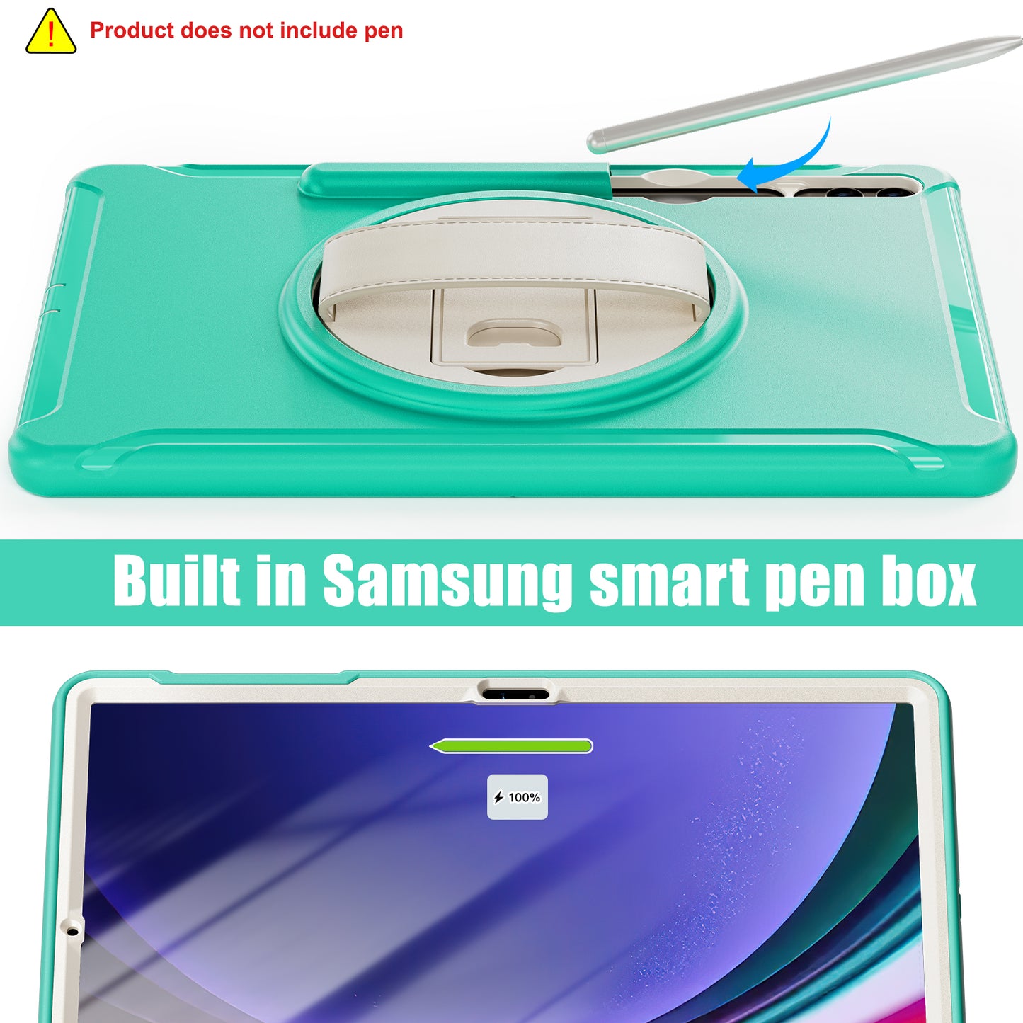 For Samsung Galaxy Tab S9 FE+ / S7+ T970 / Tab S7 FE T730 / Tab S8+ X800 / Tab S9+ X810 Case Pen Holder PC+TPU Tablet Kickstand Cover - Mint Green