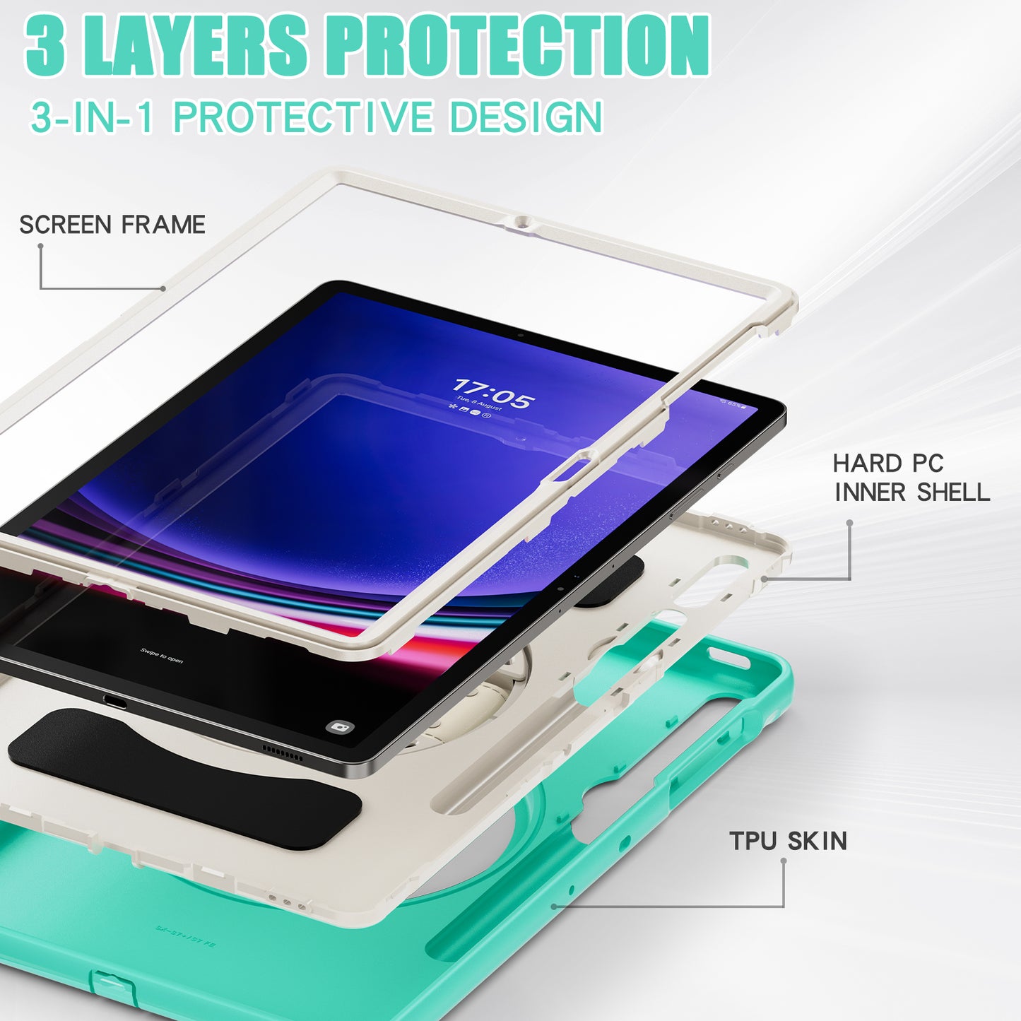 For Samsung Galaxy Tab S9 FE+ / S7+ T970 / Tab S7 FE T730 / Tab S8+ X800 / Tab S9+ X810 Case Pen Holder PC+TPU Tablet Kickstand Cover - Mint Green