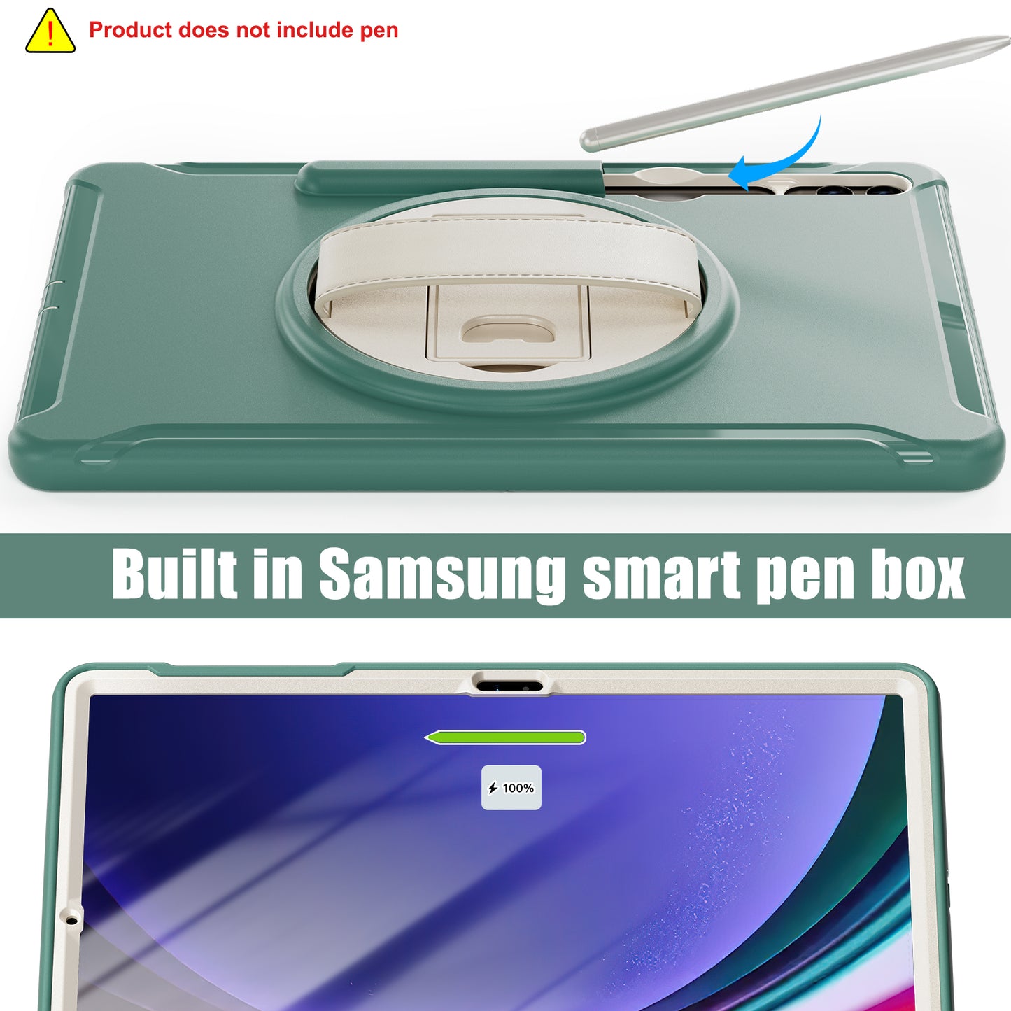 For Samsung Galaxy Tab S9 FE+ / S7+ T970 / Tab S7 FE T730 / Tab S8+ X800 / Tab S9+ X810 Case Pen Holder PC+TPU Tablet Kickstand Cover - Emerald Green