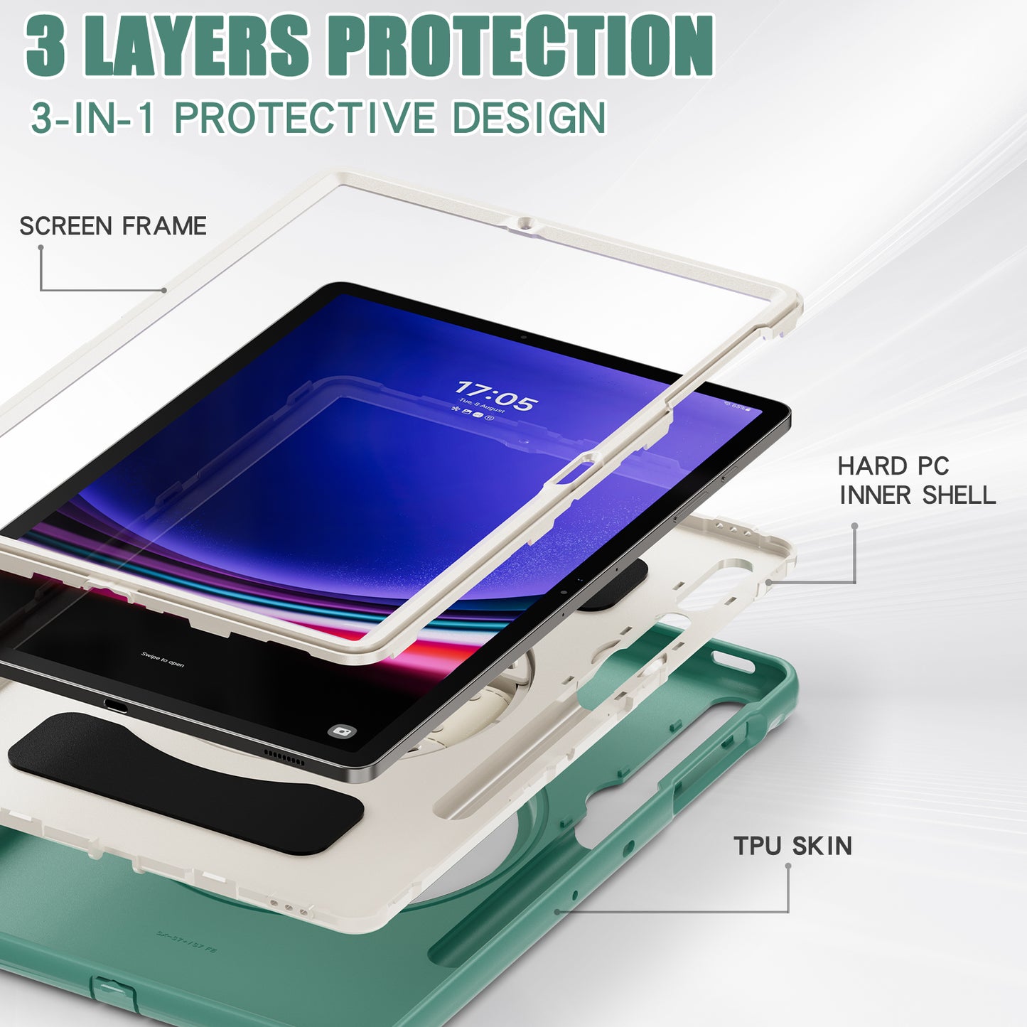 For Samsung Galaxy Tab S9 FE+ / S7+ T970 / Tab S7 FE T730 / Tab S8+ X800 / Tab S9+ X810 Case Pen Holder PC+TPU Tablet Kickstand Cover - Emerald Green