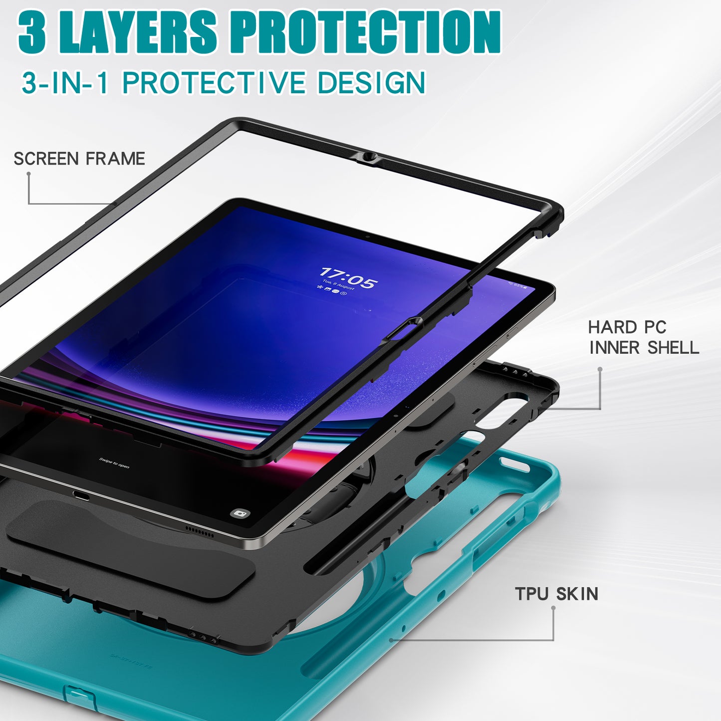 For Samsung Galaxy Tab S9 FE+ / S7+ T970 / Tab S7 FE T730 / Tab S8+ X800 / Tab S9+ X810 Case Pen Holder PC+TPU Tablet Kickstand Cover - Blue