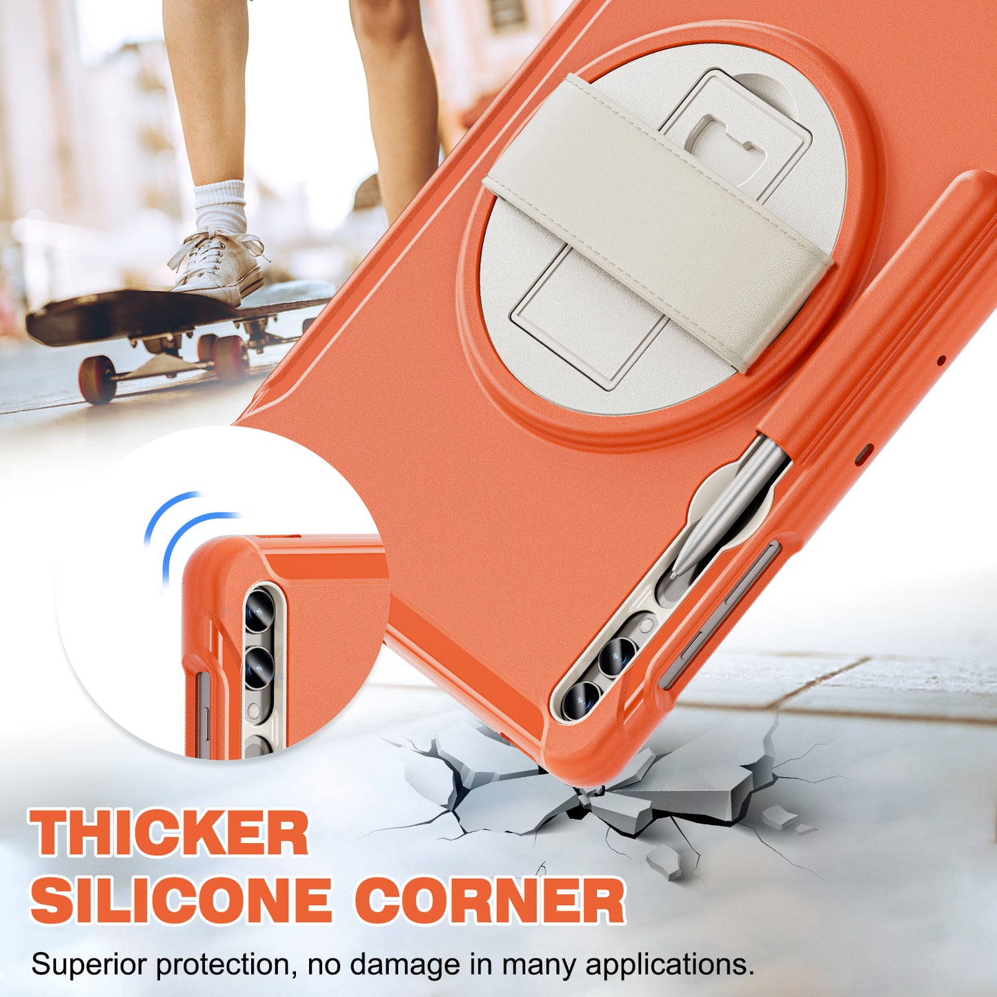 For Samsung Galaxy Tab S9 FE+ / S7+ T970 / Tab S7 FE T730 / Tab S8+ X800 / Tab S9+ X810 Case Pen Holder PC+TPU Tablet Kickstand Cover - Coral Orange