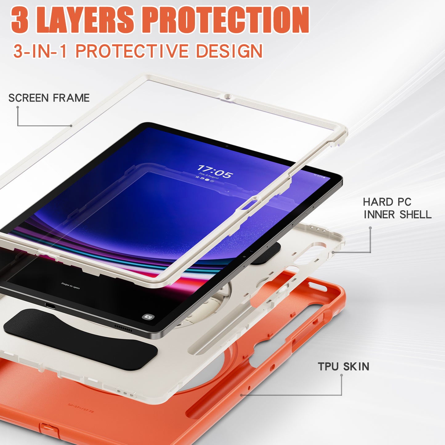 For Samsung Galaxy Tab S9 FE+ / S7+ T970 / Tab S7 FE T730 / Tab S8+ X800 / Tab S9+ X810 Case Pen Holder PC+TPU Tablet Kickstand Cover - Coral Orange