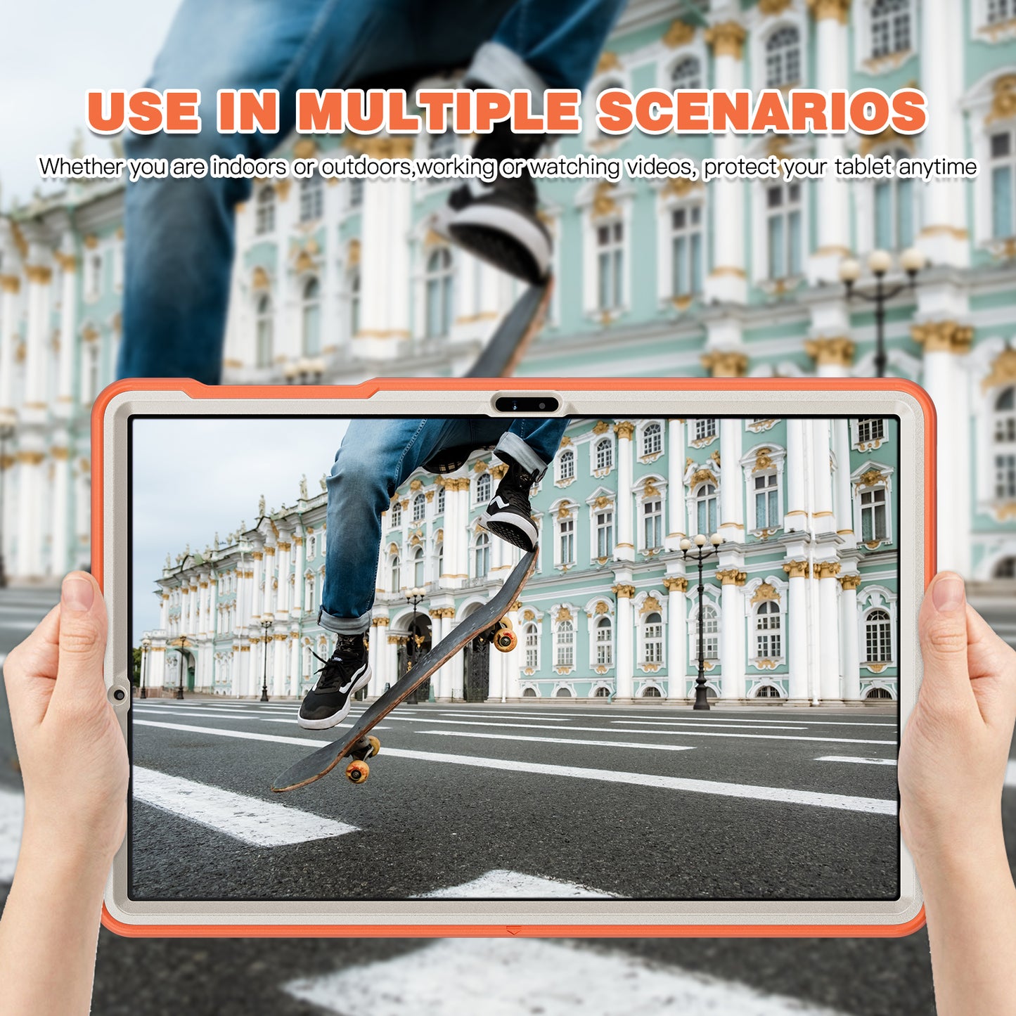 For Samsung Galaxy Tab S9 FE+ / S7+ T970 / Tab S7 FE T730 / Tab S8+ X800 / Tab S9+ X810 Case Pen Holder PC+TPU Tablet Kickstand Cover - Coral Orange