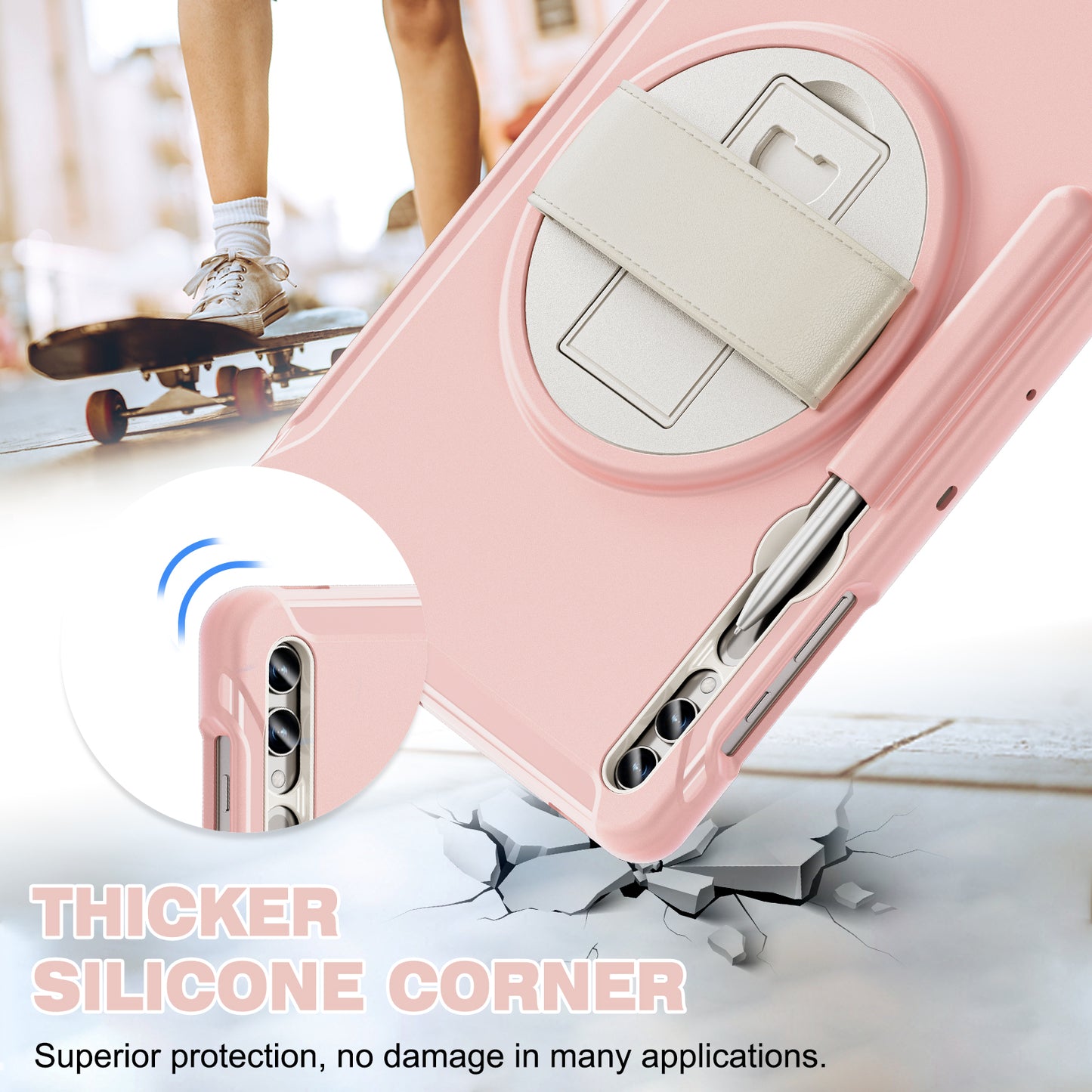 For Samsung Galaxy Tab S9 FE+ / S7+ T970 / Tab S7 FE T730 / Tab S8+ X800 / Tab S9+ X810 Case Pen Holder PC+TPU Tablet Kickstand Cover - Cherry Blossoms Pink