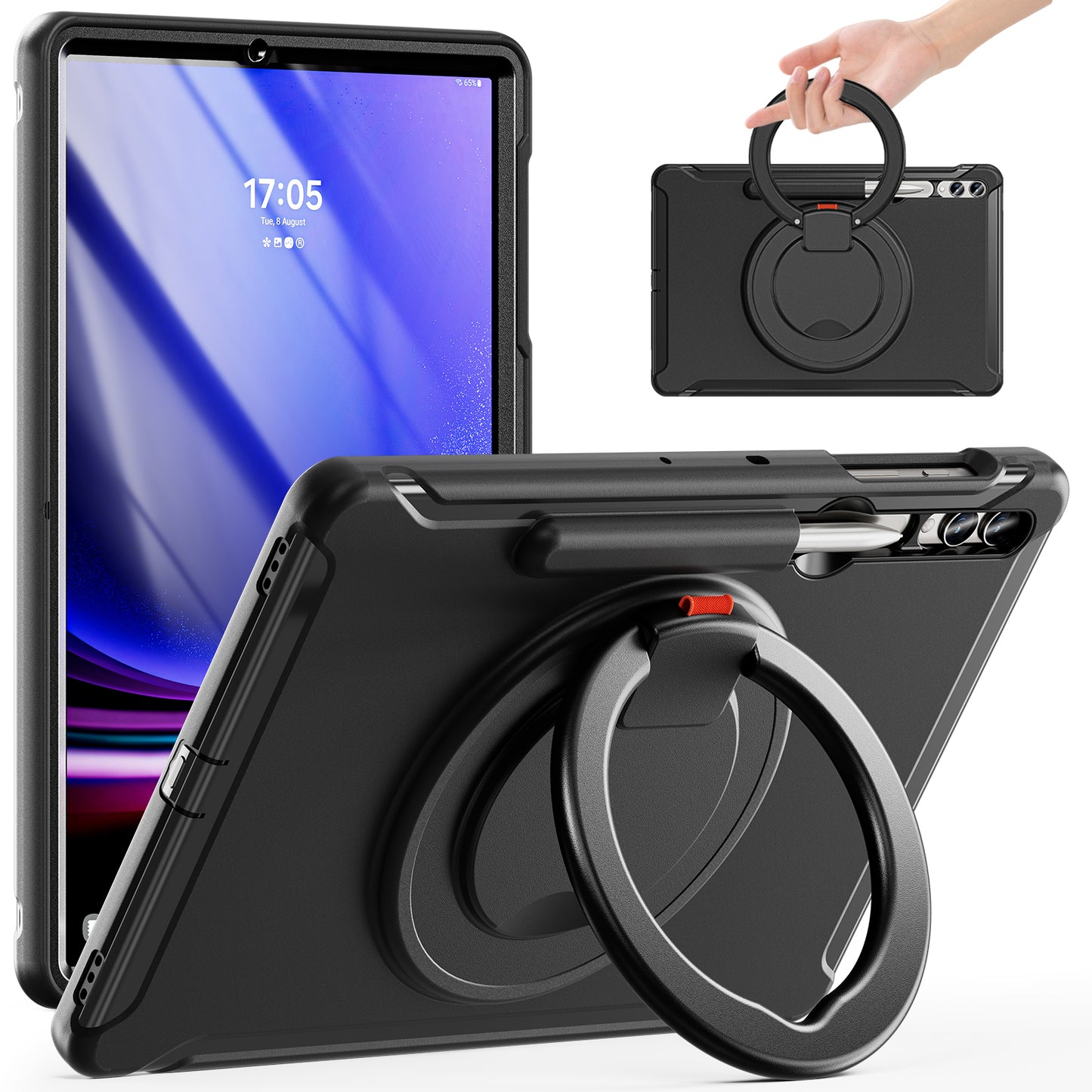 For Samsung Galaxy Tab S10+ X826 / S9 FE+ / S7+ T970 / Tab S7 FE T730 / Tab S8+ X800 / Tab S9+ X810 Case PC+TPU Rotating Kickstand Tablet Cover with Pen Holder - Black
