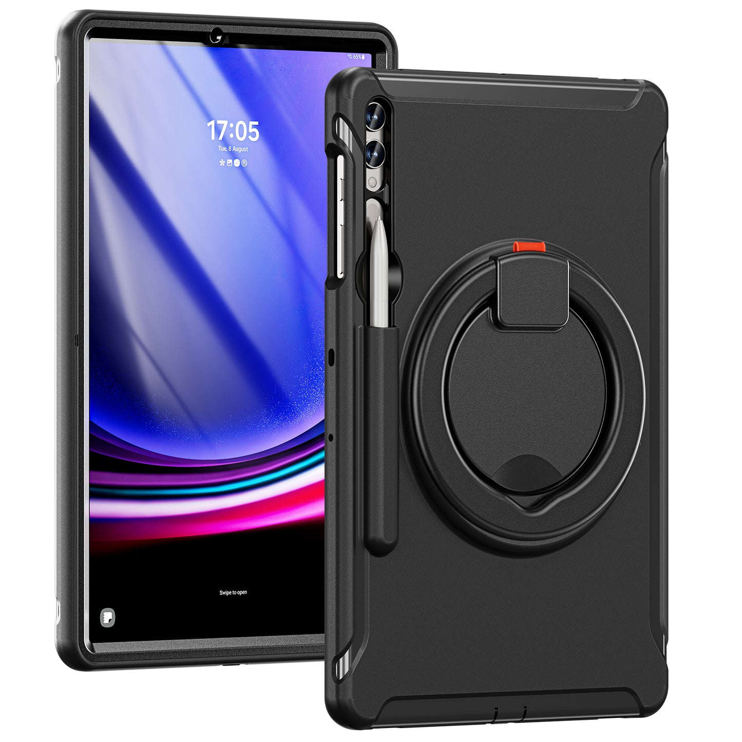 For Samsung Galaxy Tab S10+ X826 / S9 FE+ / S7+ T970 / Tab S7 FE T730 / Tab S8+ X800 / Tab S9+ X810 Case PC+TPU Rotating Kickstand Tablet Cover with Pen Holder - Black