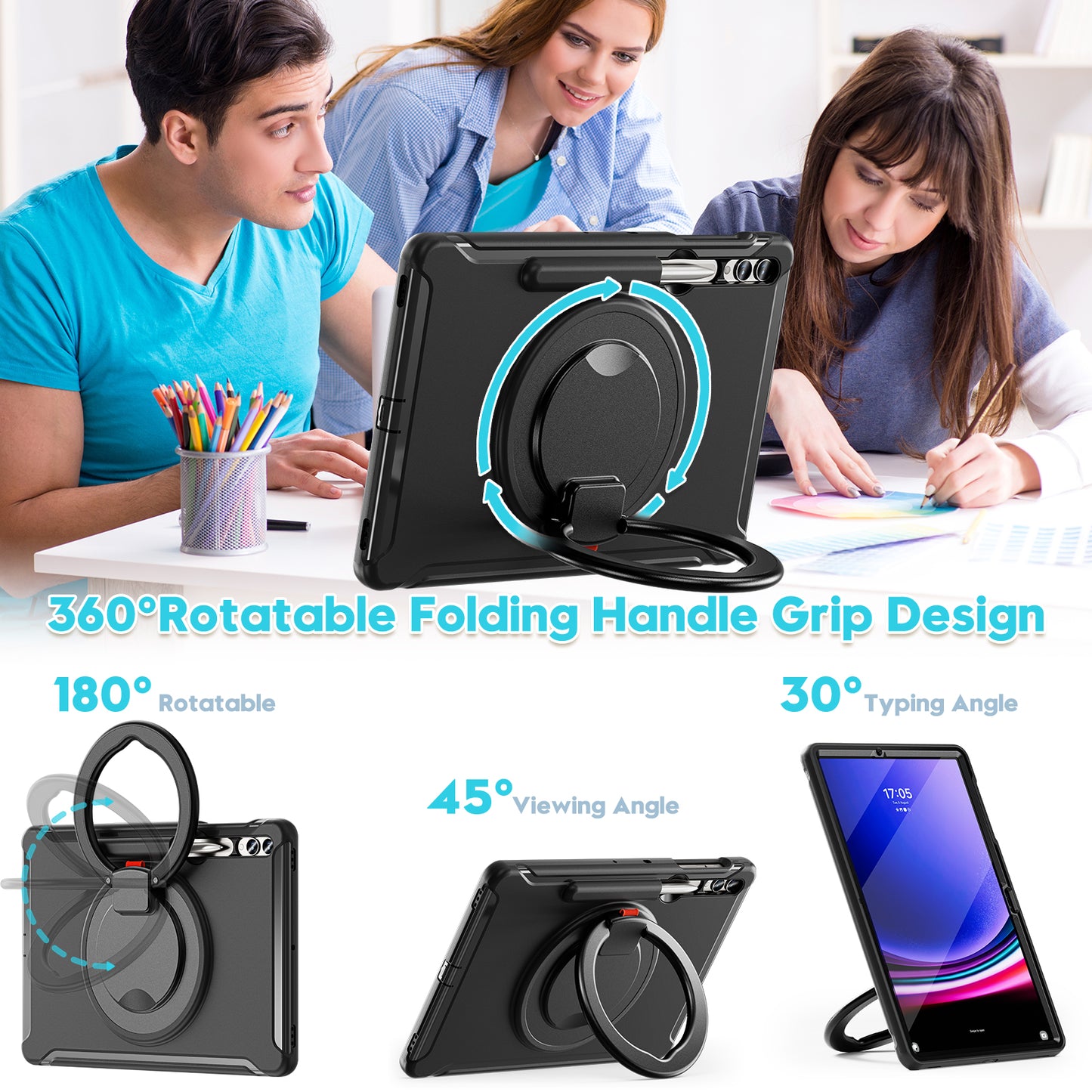 For Samsung Galaxy Tab S10+ X826 / S9 FE+ / S7+ T970 / Tab S7 FE T730 / Tab S8+ X800 / Tab S9+ X810 Case PC+TPU Rotating Kickstand Tablet Cover with Pen Holder - Black