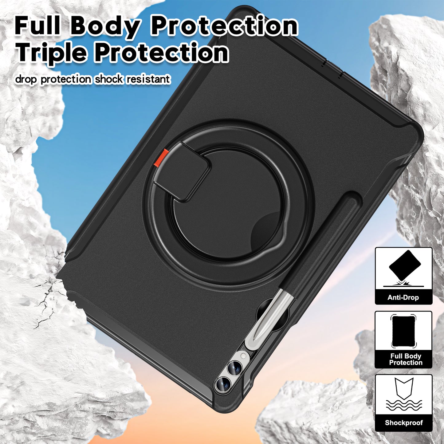 For Samsung Galaxy Tab S10+ X826 / S9 FE+ / S7+ T970 / Tab S7 FE T730 / Tab S8+ X800 / Tab S9+ X810 Case PC+TPU Rotating Kickstand Tablet Cover with Pen Holder - Black