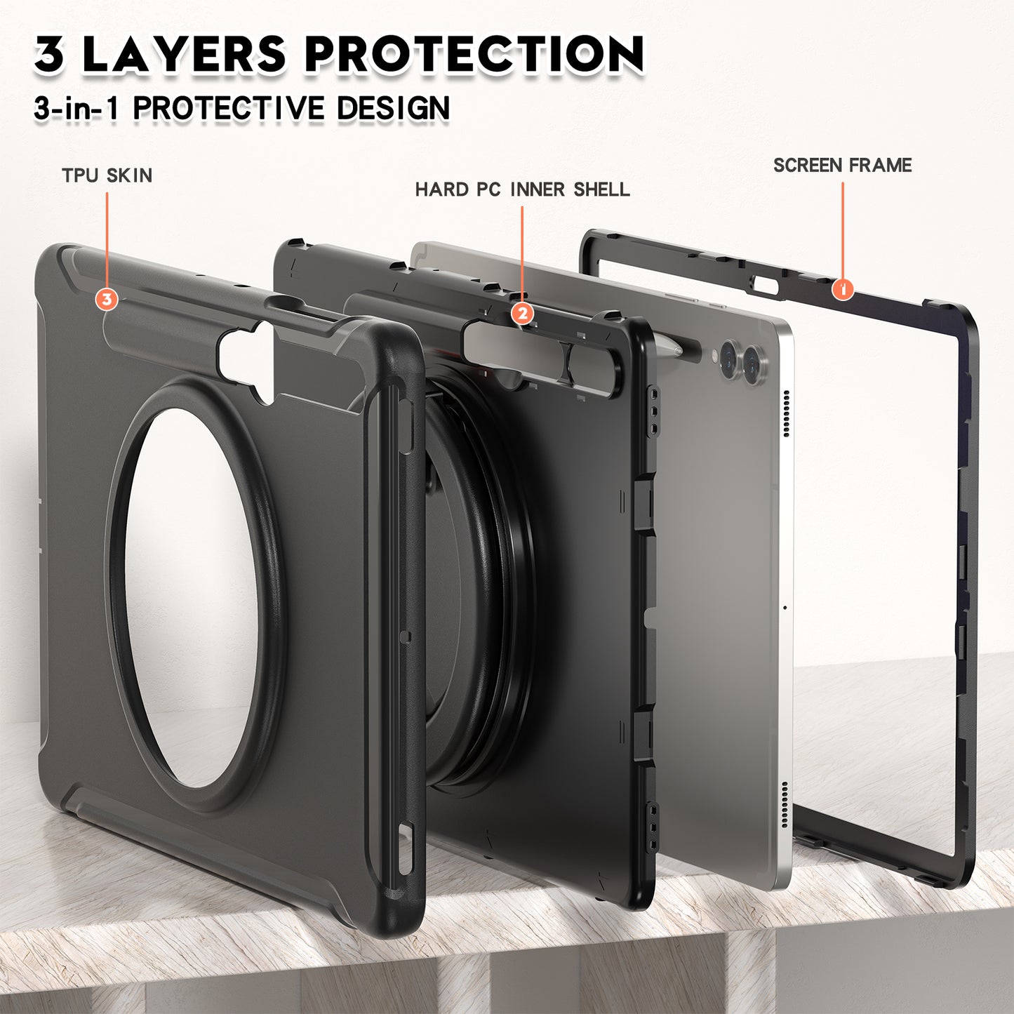 For Samsung Galaxy Tab S10+ X826 / S9 FE+ / S7+ T970 / Tab S7 FE T730 / Tab S8+ X800 / Tab S9+ X810 Case PC+TPU Rotating Kickstand Tablet Cover with Pen Holder - Black