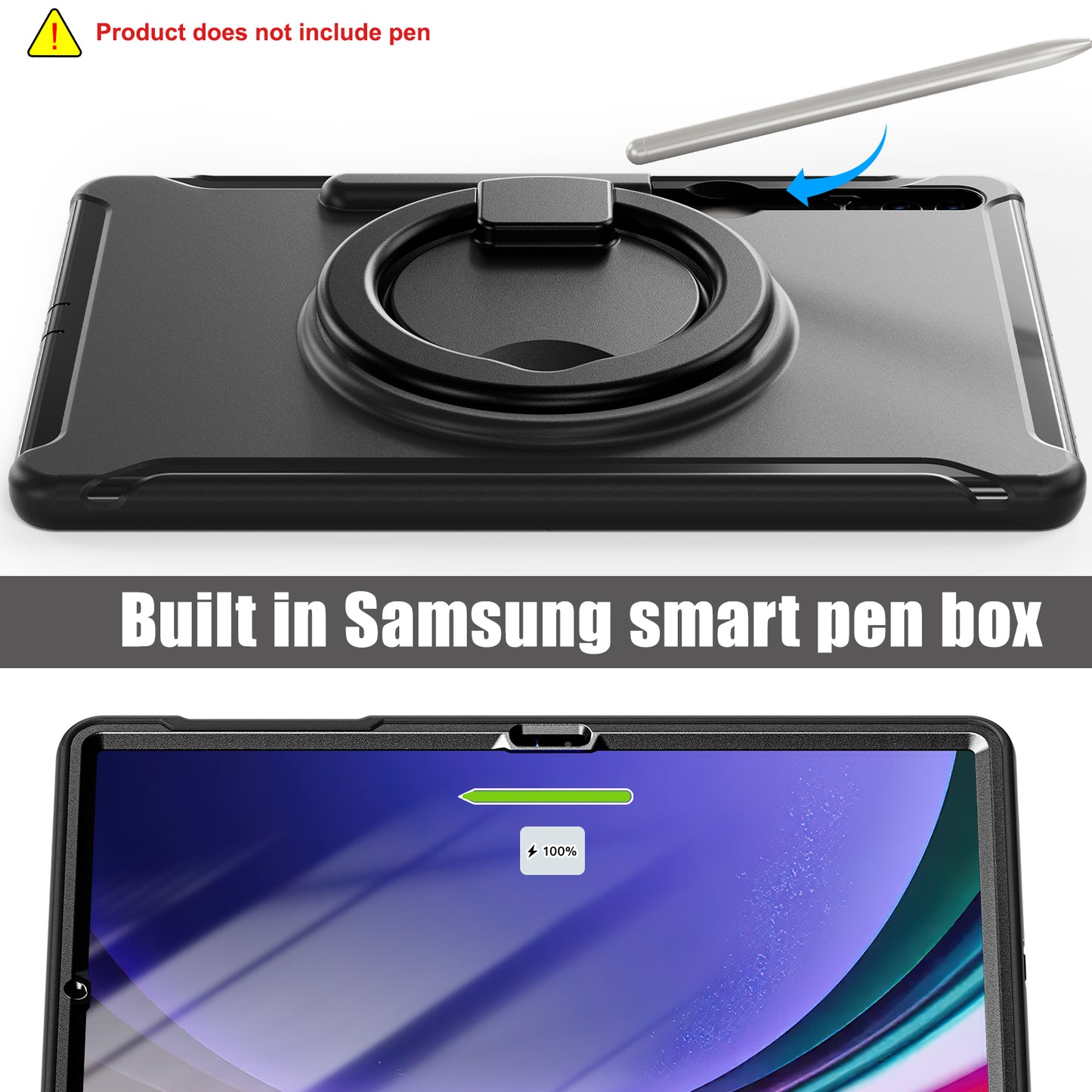 For Samsung Galaxy Tab S10+ X826 / S9 FE+ / S7+ T970 / Tab S7 FE T730 / Tab S8+ X800 / Tab S9+ X810 Case PC+TPU Rotating Kickstand Tablet Cover with Pen Holder - Black