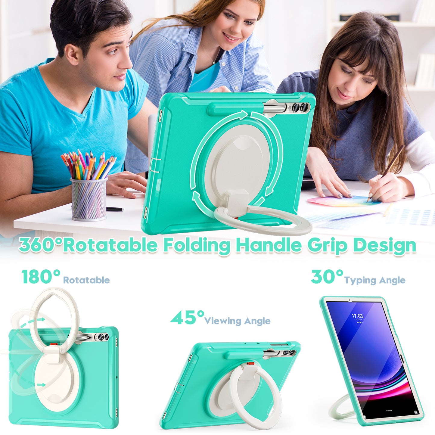 For Samsung Galaxy Tab S10+ X826 / S9 FE+ / S7+ T970 / Tab S7 FE T730 / Tab S8+ X800 / Tab S9+ X810 Case PC+TPU Rotating Kickstand Tablet Cover with Pen Holder - Mint Green