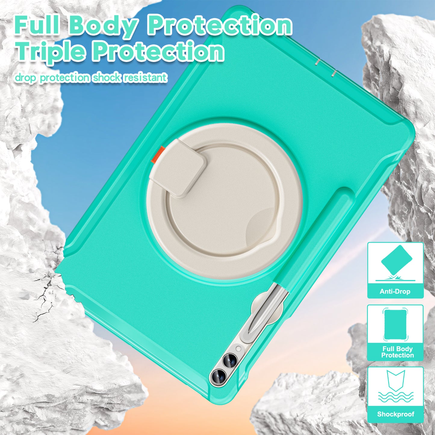 For Samsung Galaxy Tab S10+ X826 / S9 FE+ / S7+ T970 / Tab S7 FE T730 / Tab S8+ X800 / Tab S9+ X810 Case PC+TPU Rotating Kickstand Tablet Cover with Pen Holder - Mint Green