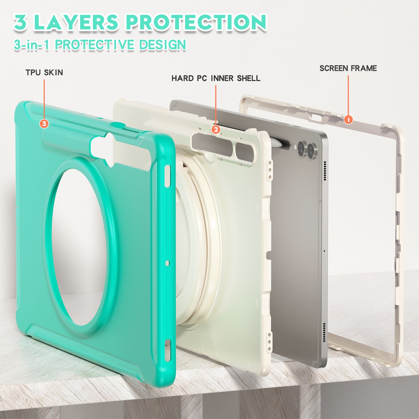 For Samsung Galaxy Tab S10+ X826 / S9 FE+ / S7+ T970 / Tab S7 FE T730 / Tab S8+ X800 / Tab S9+ X810 Case PC+TPU Rotating Kickstand Tablet Cover with Pen Holder - Mint Green