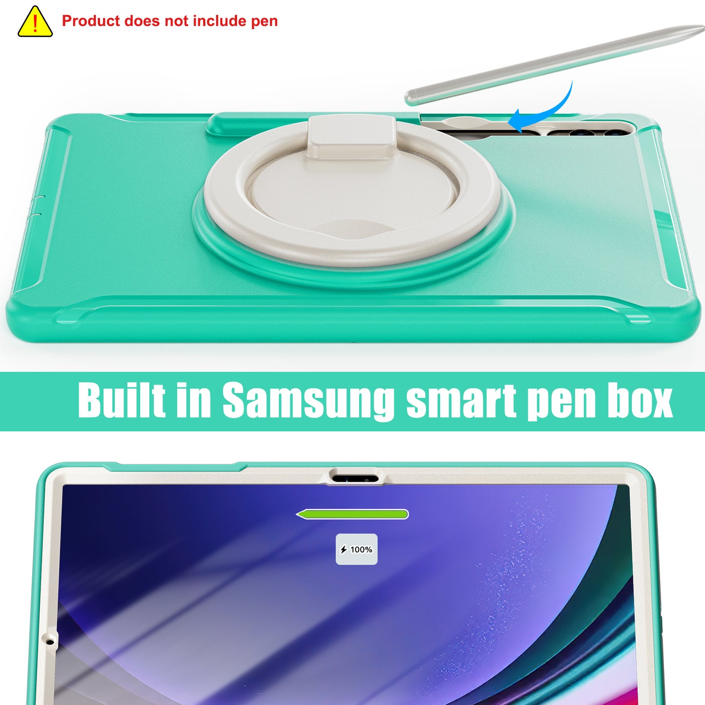 For Samsung Galaxy Tab S10+ X826 / S9 FE+ / S7+ T970 / Tab S7 FE T730 / Tab S8+ X800 / Tab S9+ X810 Case PC+TPU Rotating Kickstand Tablet Cover with Pen Holder - Mint Green