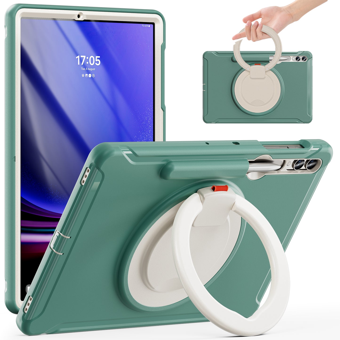 For Samsung Galaxy Tab S10+ X826 / S9 FE+ / S7+ T970 / Tab S7 FE T730 / Tab S8+ X800 / Tab S9+ X810 Case PC+TPU Rotating Kickstand Tablet Cover with Pen Holder - Emerald Green
