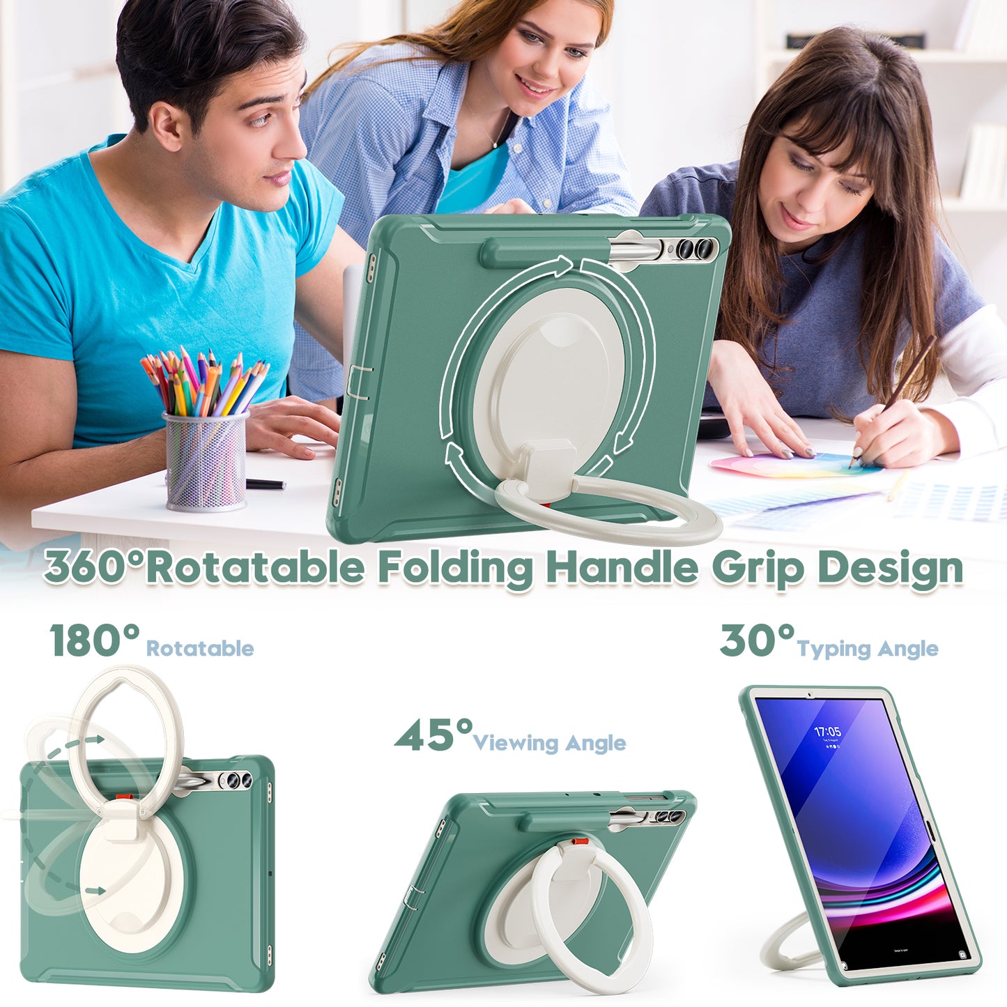 For Samsung Galaxy Tab S10+ X826 / S9 FE+ / S7+ T970 / Tab S7 FE T730 / Tab S8+ X800 / Tab S9+ X810 Case PC+TPU Rotating Kickstand Tablet Cover with Pen Holder - Emerald Green