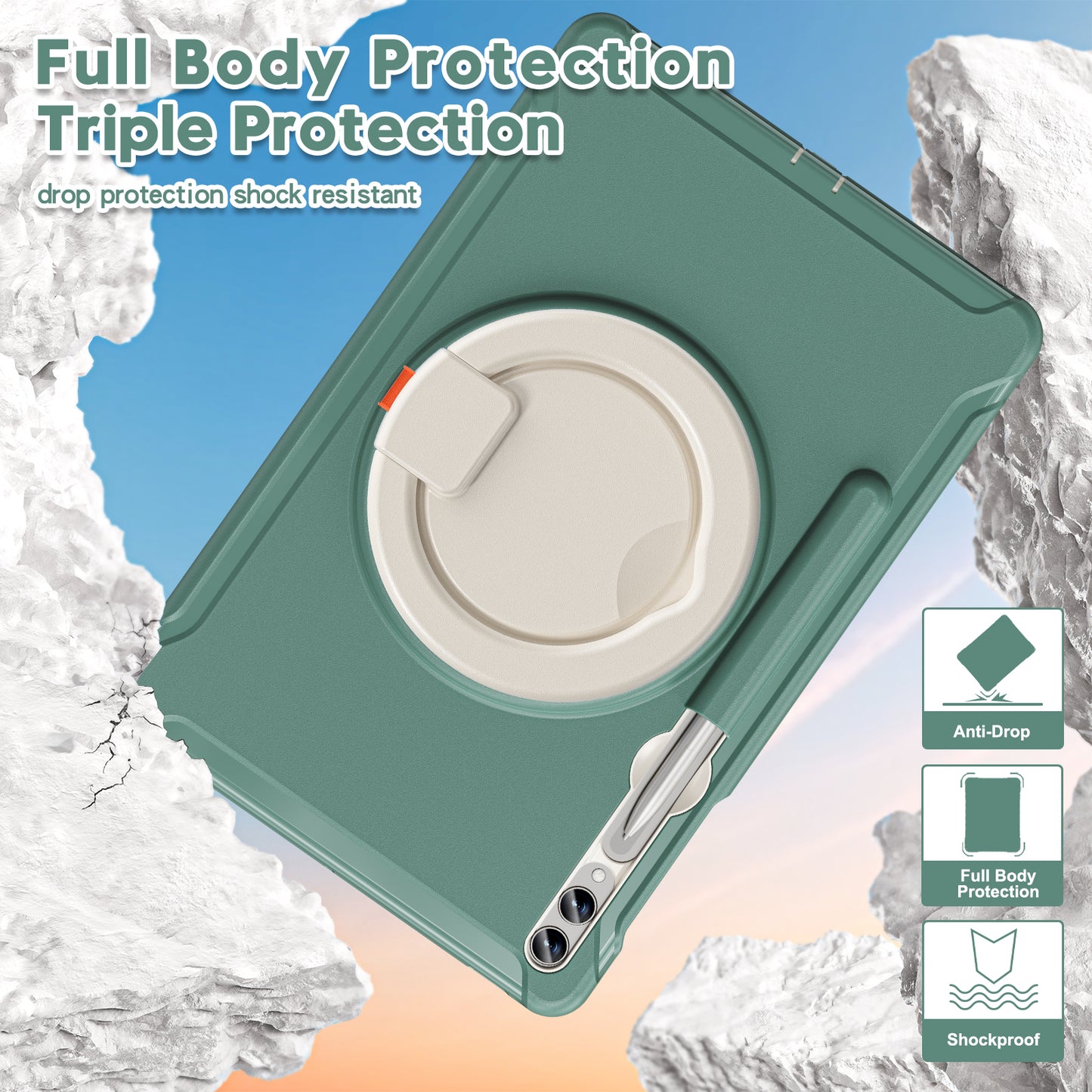 For Samsung Galaxy Tab S10+ X826 / S9 FE+ / S7+ T970 / Tab S7 FE T730 / Tab S8+ X800 / Tab S9+ X810 Case PC+TPU Rotating Kickstand Tablet Cover with Pen Holder - Emerald Green