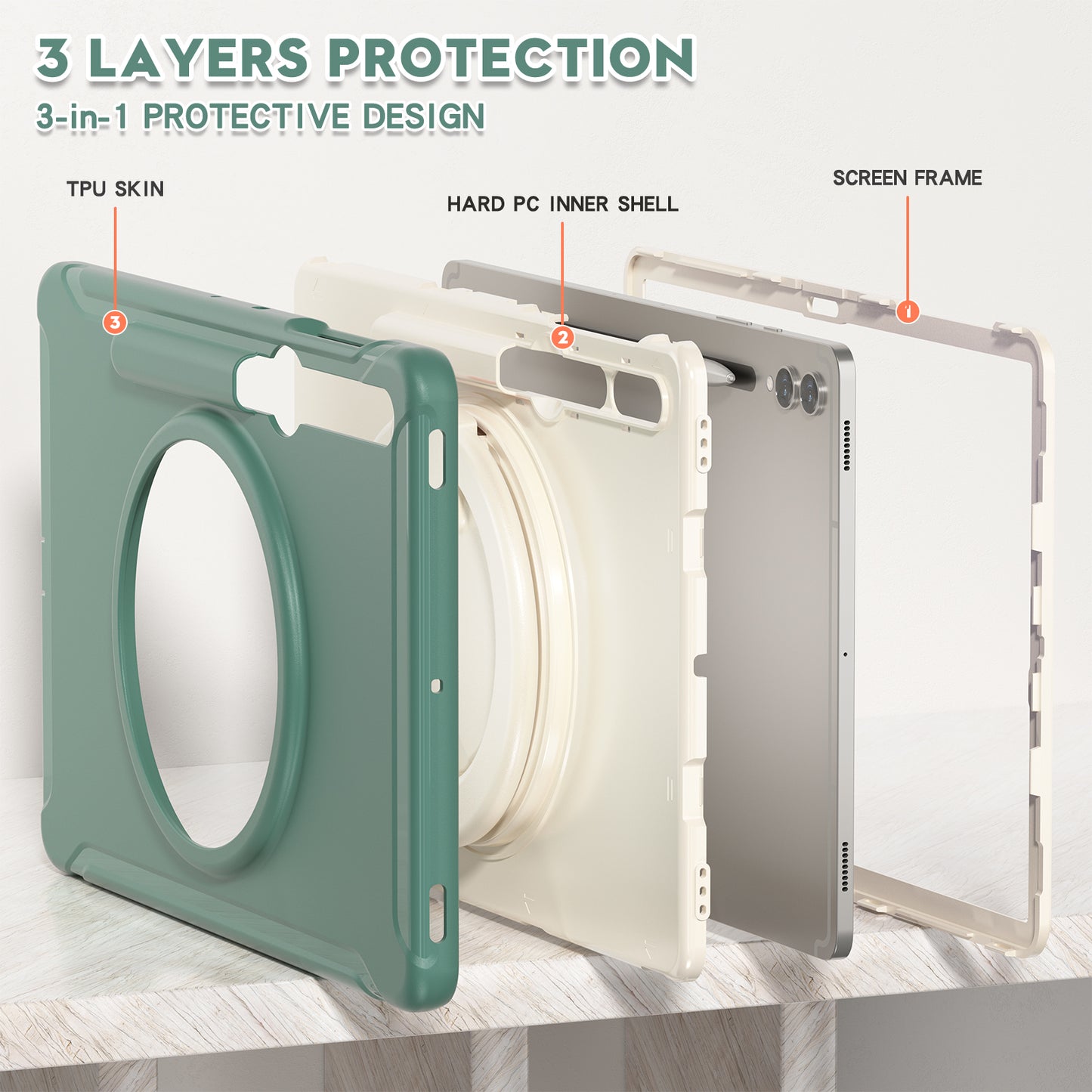 For Samsung Galaxy Tab S10+ X826 / S9 FE+ / S7+ T970 / Tab S7 FE T730 / Tab S8+ X800 / Tab S9+ X810 Case PC+TPU Rotating Kickstand Tablet Cover with Pen Holder - Emerald Green