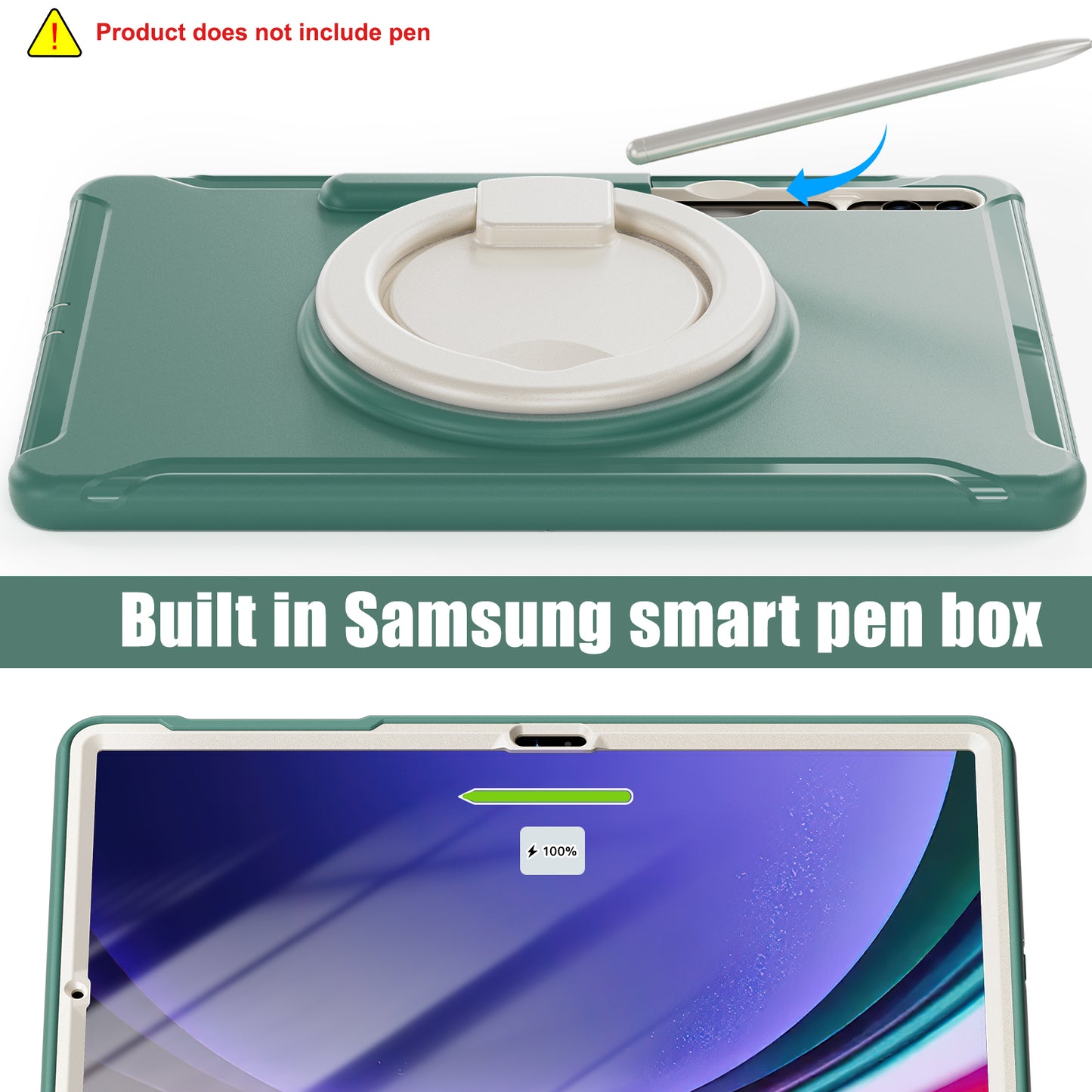 For Samsung Galaxy Tab S10+ X826 / S9 FE+ / S7+ T970 / Tab S7 FE T730 / Tab S8+ X800 / Tab S9+ X810 Case PC+TPU Rotating Kickstand Tablet Cover with Pen Holder - Emerald Green