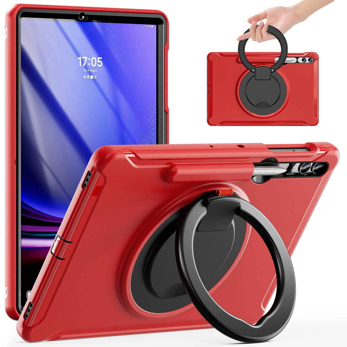 For Samsung Galaxy Tab S10+ X826 / S9 FE+ / S7+ T970 / Tab S7 FE T730 / Tab S8+ X800 / Tab S9+ X810 Case PC+TPU Rotating Kickstand Tablet Cover with Pen Holder - Red