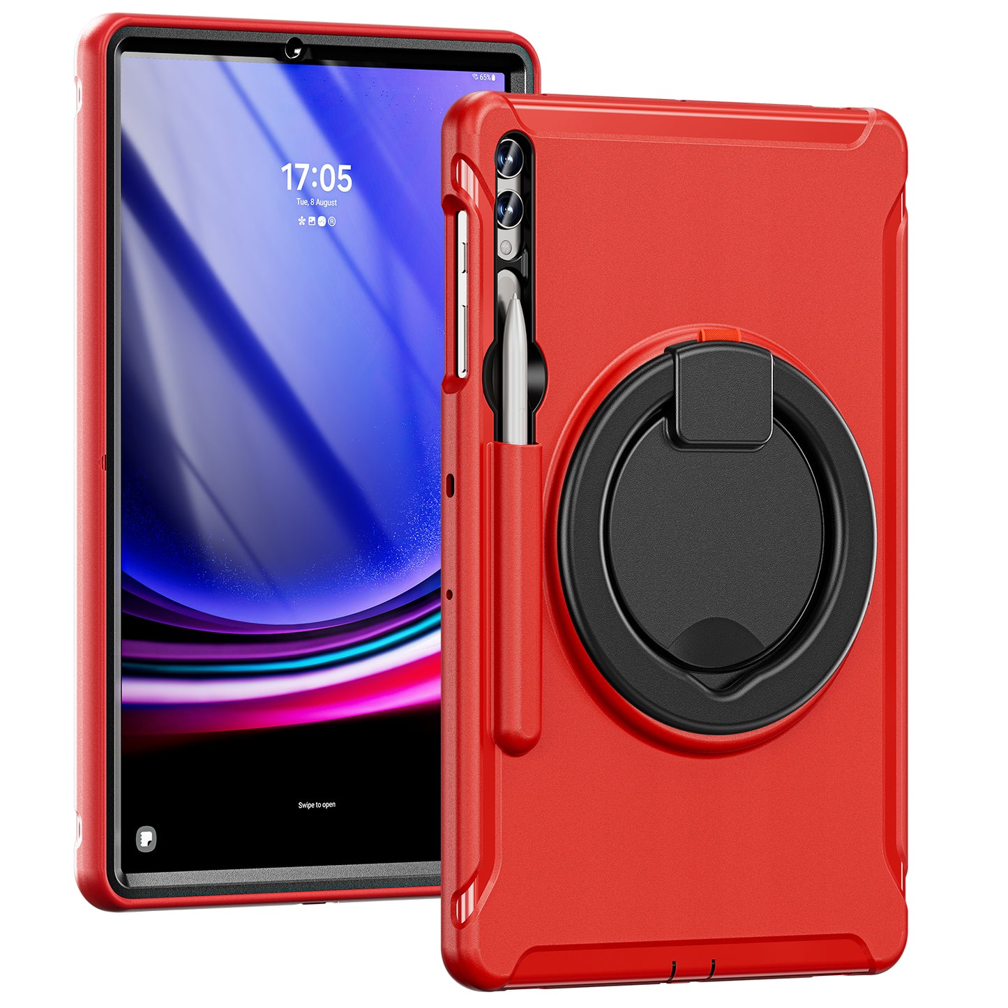 For Samsung Galaxy Tab S10+ X826 / S9 FE+ / S7+ T970 / Tab S7 FE T730 / Tab S8+ X800 / Tab S9+ X810 Case PC+TPU Rotating Kickstand Tablet Cover with Pen Holder - Red