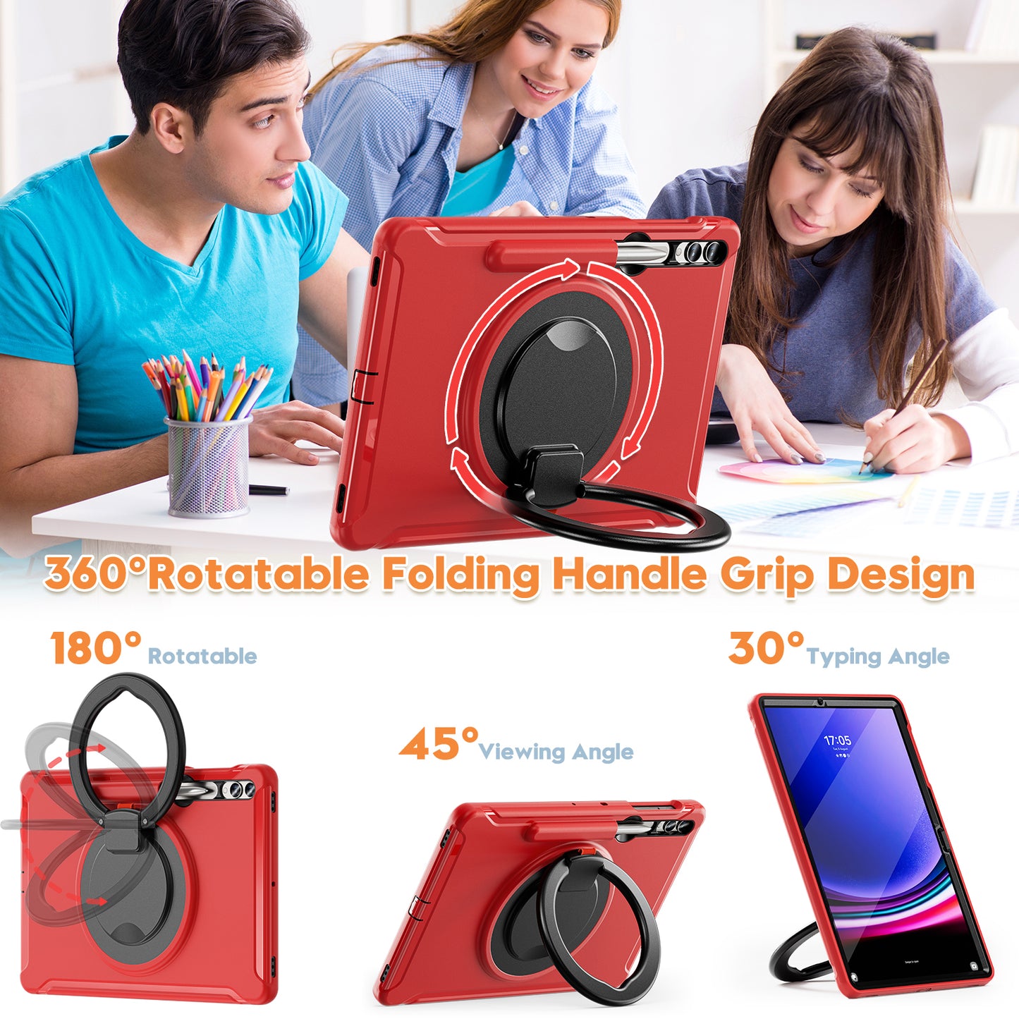 For Samsung Galaxy Tab S10+ X826 / S9 FE+ / S7+ T970 / Tab S7 FE T730 / Tab S8+ X800 / Tab S9+ X810 Case PC+TPU Rotating Kickstand Tablet Cover with Pen Holder - Red