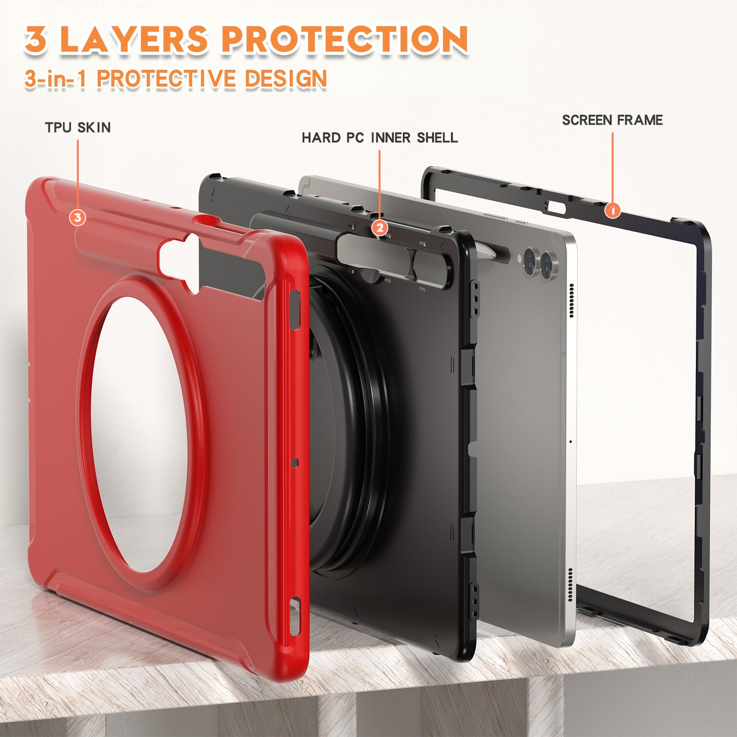 For Samsung Galaxy Tab S10+ X826 / S9 FE+ / S7+ T970 / Tab S7 FE T730 / Tab S8+ X800 / Tab S9+ X810 Case PC+TPU Rotating Kickstand Tablet Cover with Pen Holder - Red