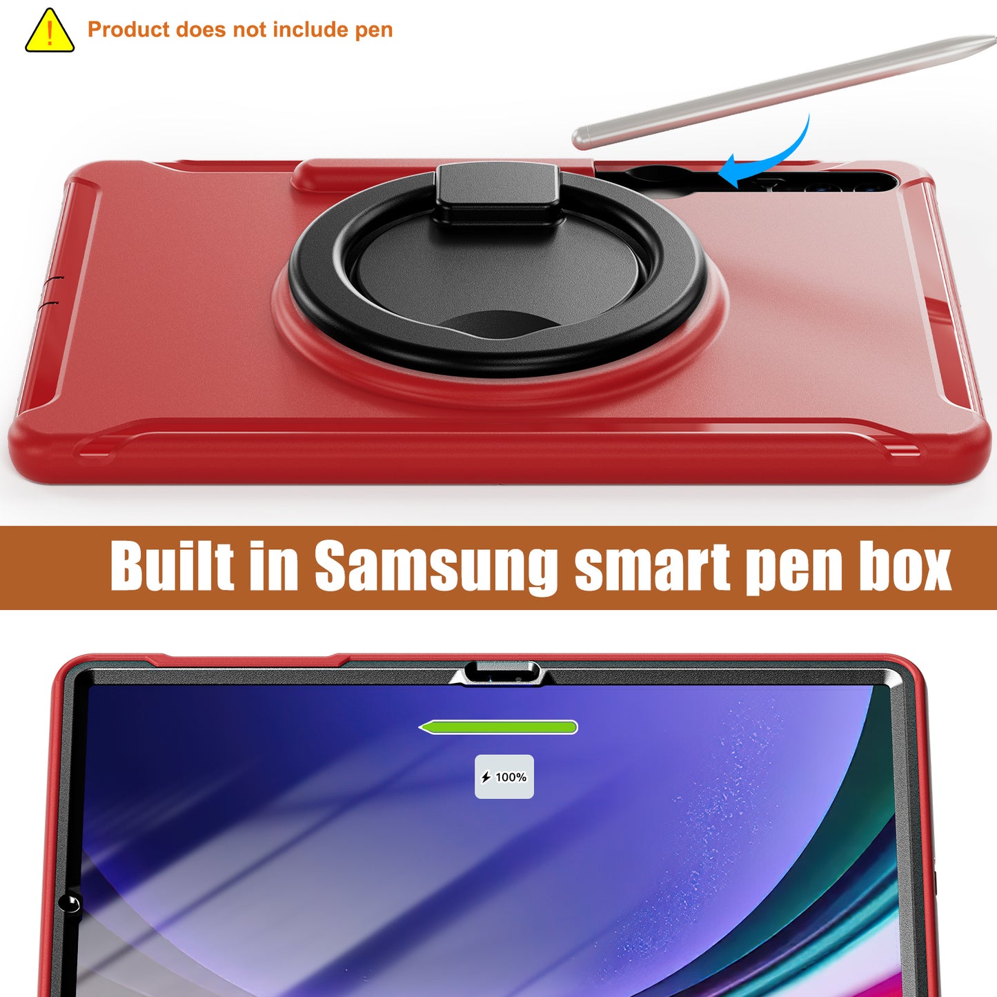 For Samsung Galaxy Tab S10+ X826 / S9 FE+ / S7+ T970 / Tab S7 FE T730 / Tab S8+ X800 / Tab S9+ X810 Case PC+TPU Rotating Kickstand Tablet Cover with Pen Holder - Red