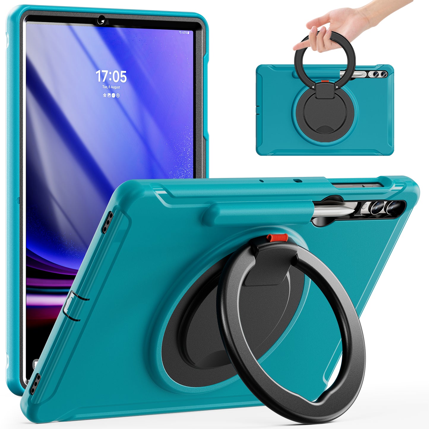 For Samsung Galaxy Tab S10+ X826 / S9 FE+ / S7+ T970 / Tab S7 FE T730 / Tab S8+ X800 / Tab S9+ X810 Case PC+TPU Rotating Kickstand Tablet Cover with Pen Holder - Blue
