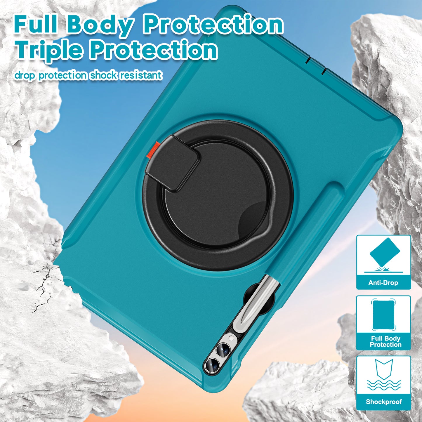 For Samsung Galaxy Tab S10+ X826 / S9 FE+ / S7+ T970 / Tab S7 FE T730 / Tab S8+ X800 / Tab S9+ X810 Case PC+TPU Rotating Kickstand Tablet Cover with Pen Holder - Blue