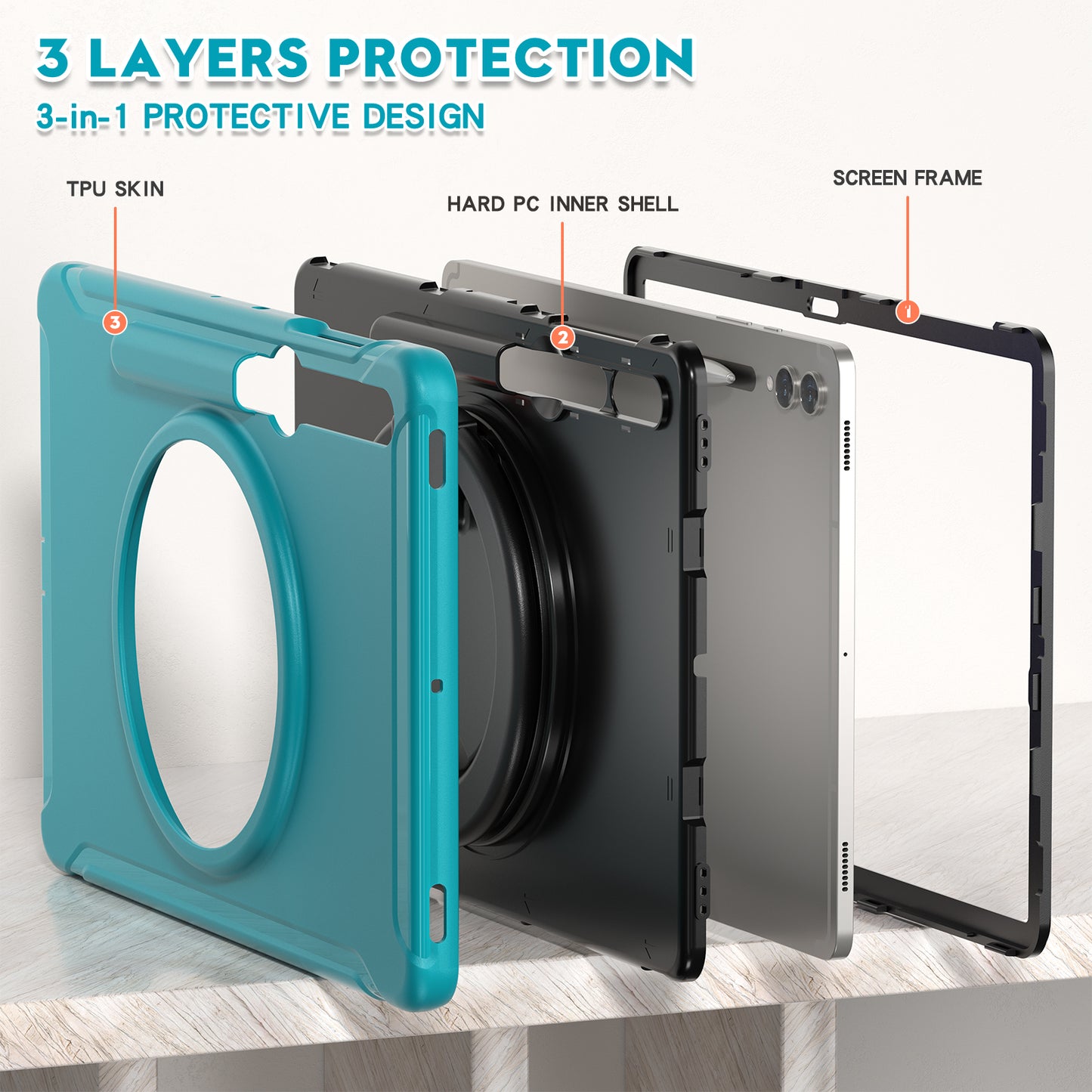 For Samsung Galaxy Tab S10+ X826 / S9 FE+ / S7+ T970 / Tab S7 FE T730 / Tab S8+ X800 / Tab S9+ X810 Case PC+TPU Rotating Kickstand Tablet Cover with Pen Holder - Blue