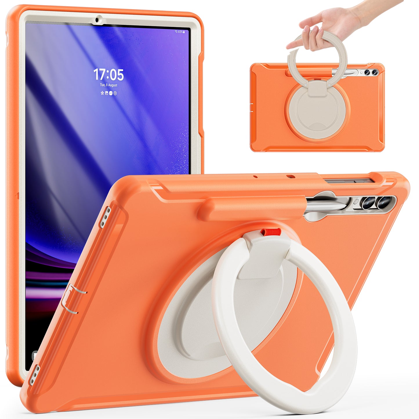 For Samsung Galaxy Tab S10+ X826 / S9 FE+ / S7+ T970 / Tab S7 FE T730 / Tab S8+ X800 / Tab S9+ X810 Case PC+TPU Rotating Kickstand Tablet Cover with Pen Holder - Coral Orange