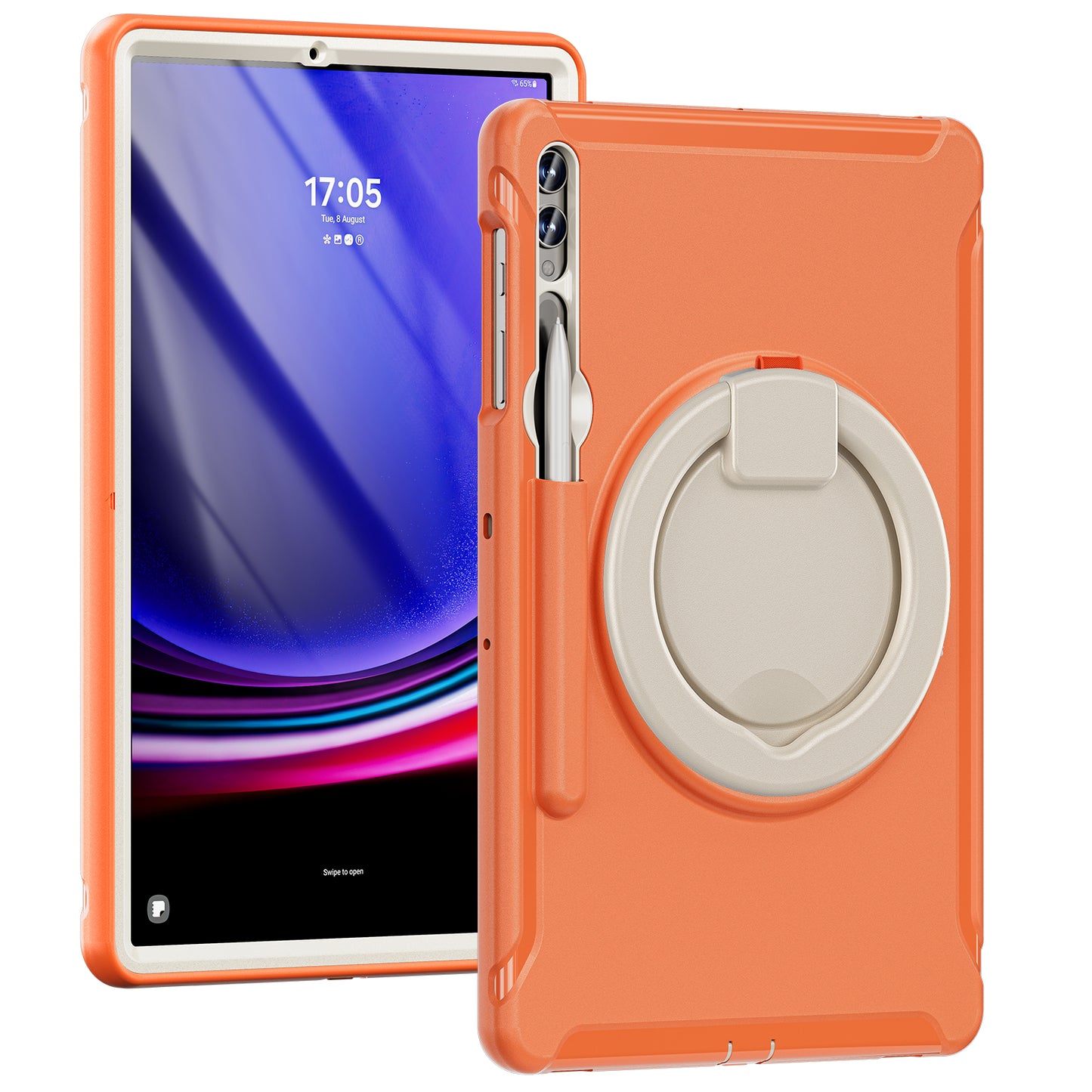For Samsung Galaxy Tab S10+ X826 / S9 FE+ / S7+ T970 / Tab S7 FE T730 / Tab S8+ X800 / Tab S9+ X810 Case PC+TPU Rotating Kickstand Tablet Cover with Pen Holder - Coral Orange