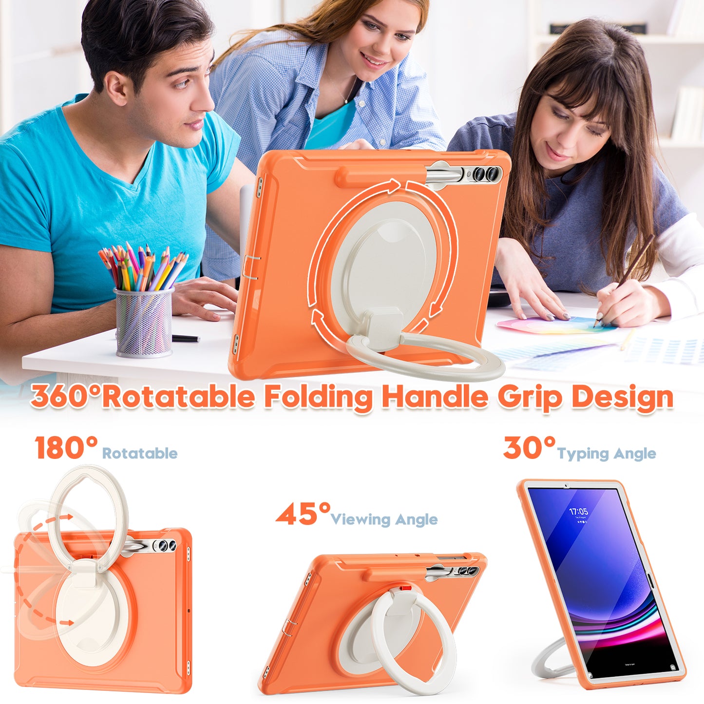 For Samsung Galaxy Tab S10+ X826 / S9 FE+ / S7+ T970 / Tab S7 FE T730 / Tab S8+ X800 / Tab S9+ X810 Case PC+TPU Rotating Kickstand Tablet Cover with Pen Holder - Coral Orange