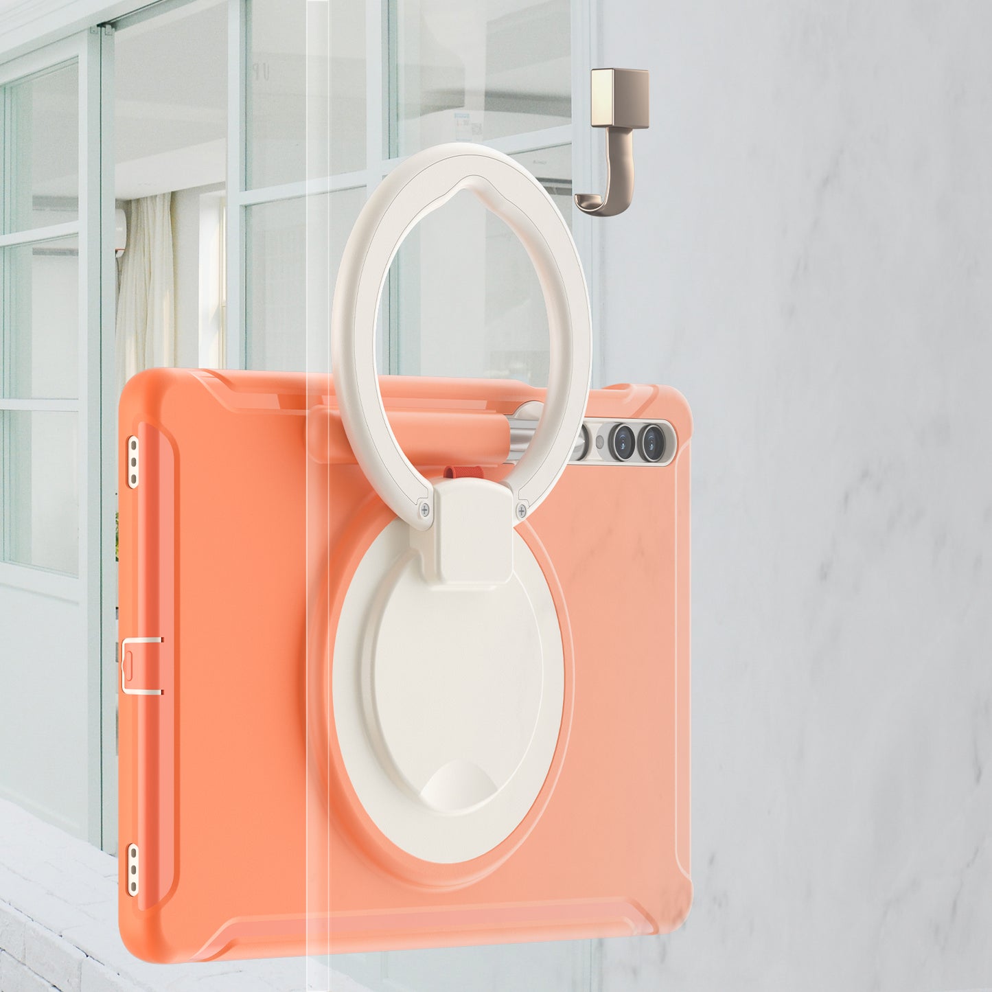 For Samsung Galaxy Tab S10+ X826 / S9 FE+ / S7+ T970 / Tab S7 FE T730 / Tab S8+ X800 / Tab S9+ X810 Case PC+TPU Rotating Kickstand Tablet Cover with Pen Holder - Coral Orange