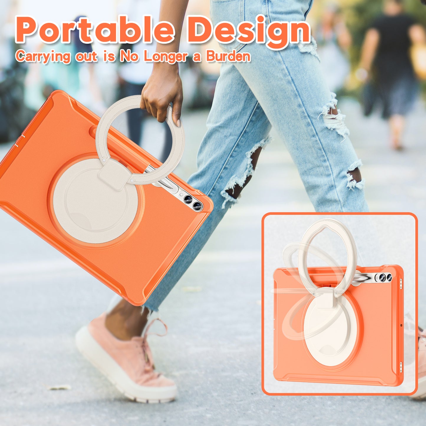 For Samsung Galaxy Tab S10+ X826 / S9 FE+ / S7+ T970 / Tab S7 FE T730 / Tab S8+ X800 / Tab S9+ X810 Case PC+TPU Rotating Kickstand Tablet Cover with Pen Holder - Coral Orange