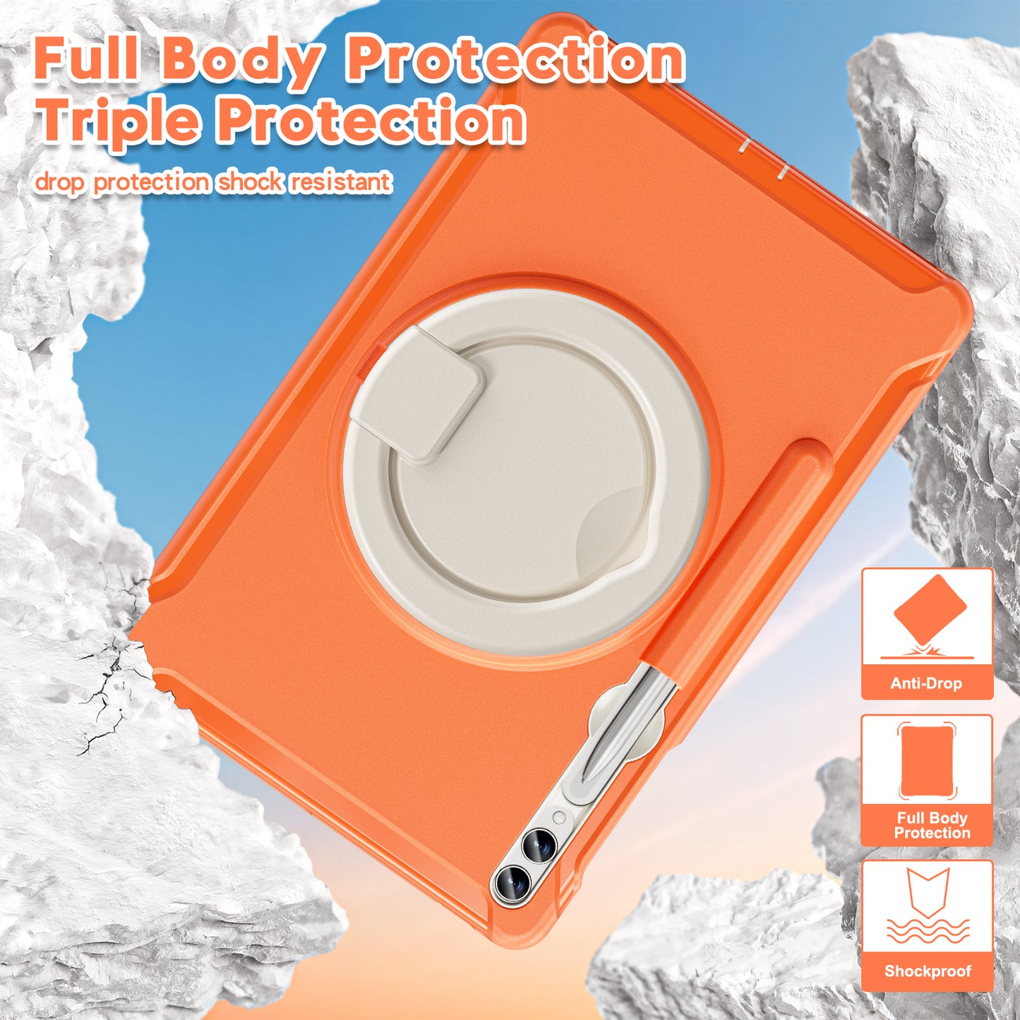 For Samsung Galaxy Tab S10+ X826 / S9 FE+ / S7+ T970 / Tab S7 FE T730 / Tab S8+ X800 / Tab S9+ X810 Case PC+TPU Rotating Kickstand Tablet Cover with Pen Holder - Coral Orange