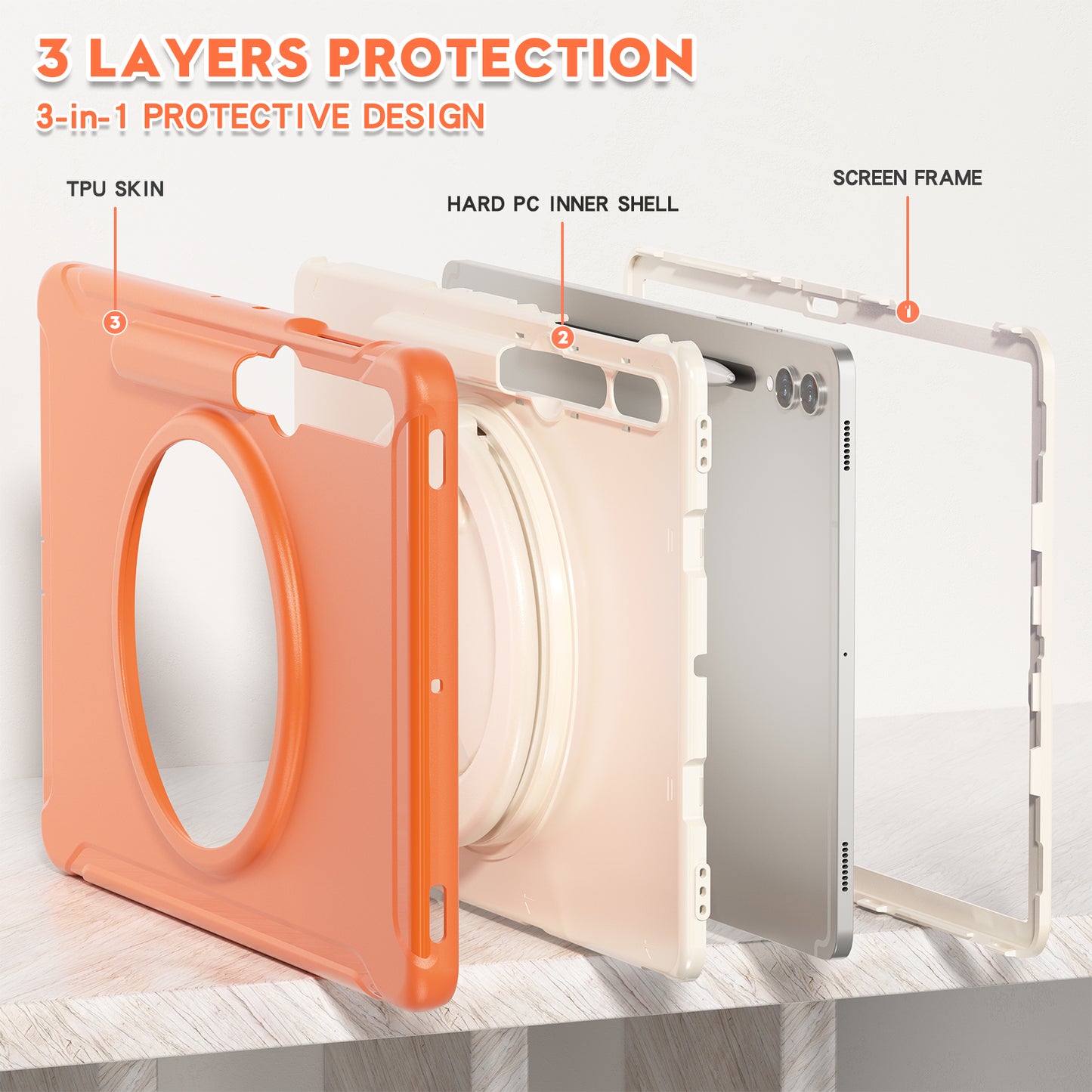 For Samsung Galaxy Tab S10+ X826 / S9 FE+ / S7+ T970 / Tab S7 FE T730 / Tab S8+ X800 / Tab S9+ X810 Case PC+TPU Rotating Kickstand Tablet Cover with Pen Holder - Coral Orange