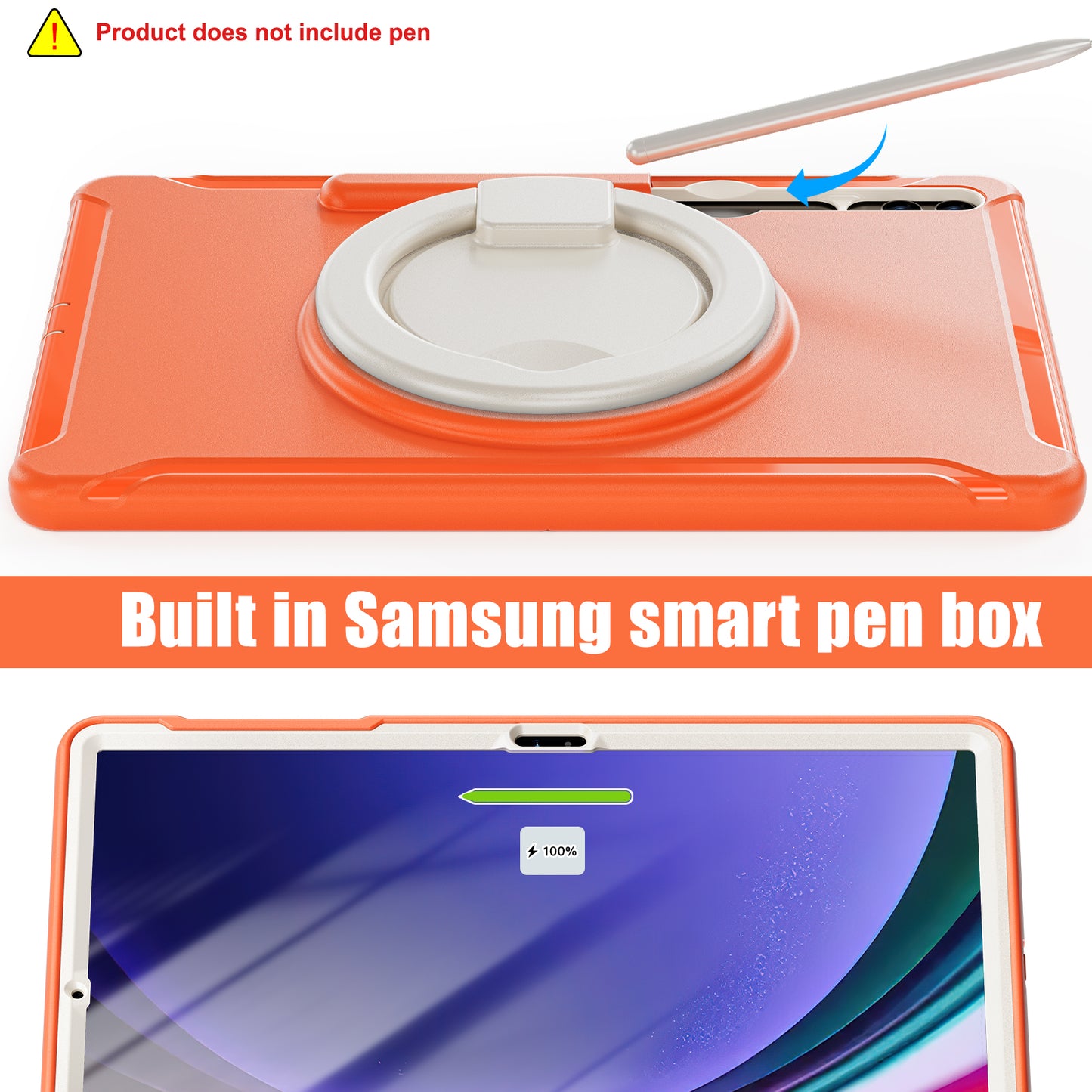 For Samsung Galaxy Tab S10+ X826 / S9 FE+ / S7+ T970 / Tab S7 FE T730 / Tab S8+ X800 / Tab S9+ X810 Case PC+TPU Rotating Kickstand Tablet Cover with Pen Holder - Coral Orange