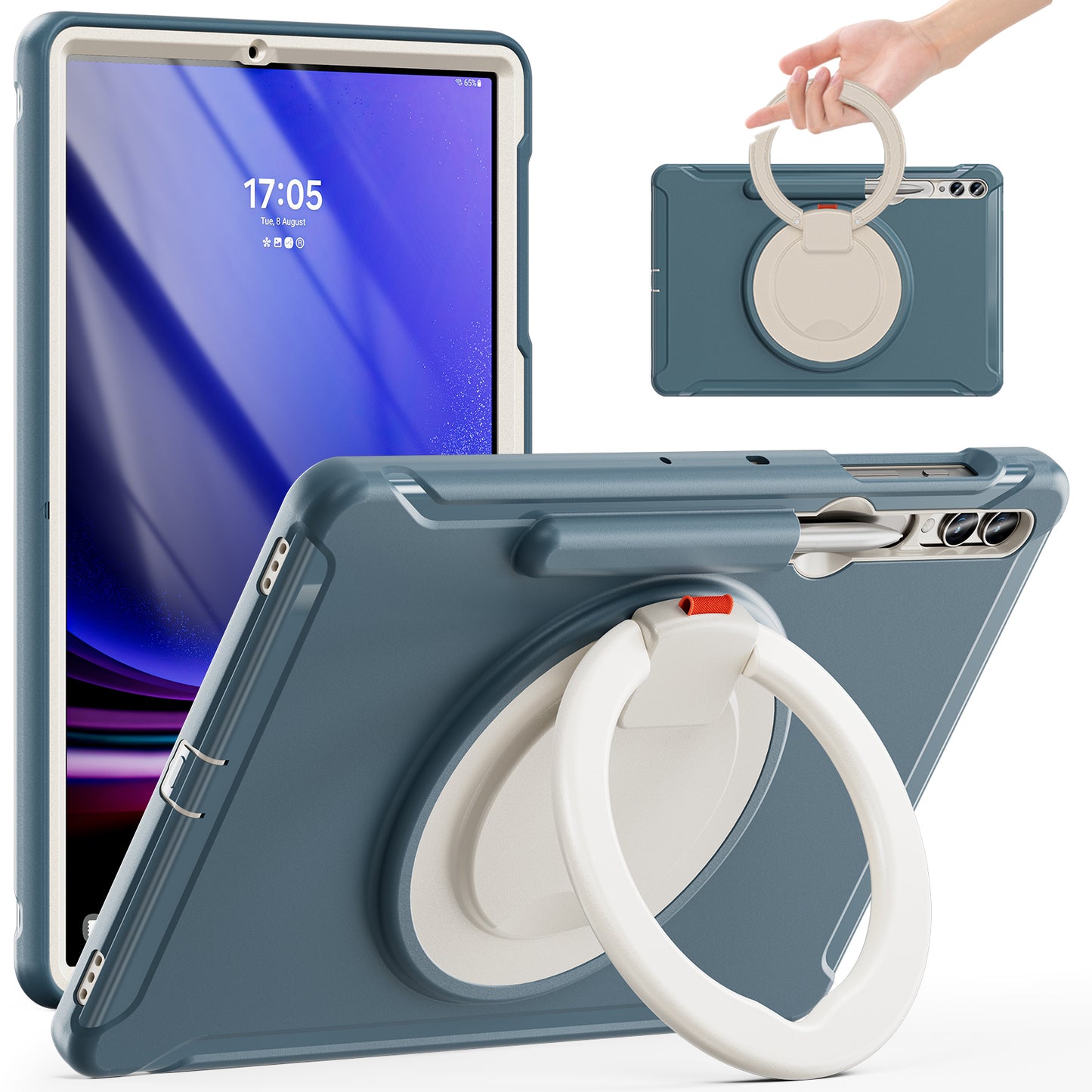 For Samsung Galaxy Tab S10+ X826 / S9 FE+ / S7+ T970 / Tab S7 FE T730 / Tab S8+ X800 / Tab S9+ X810 Case PC+TPU Rotating Kickstand Tablet Cover with Pen Holder - Cornflower Blue