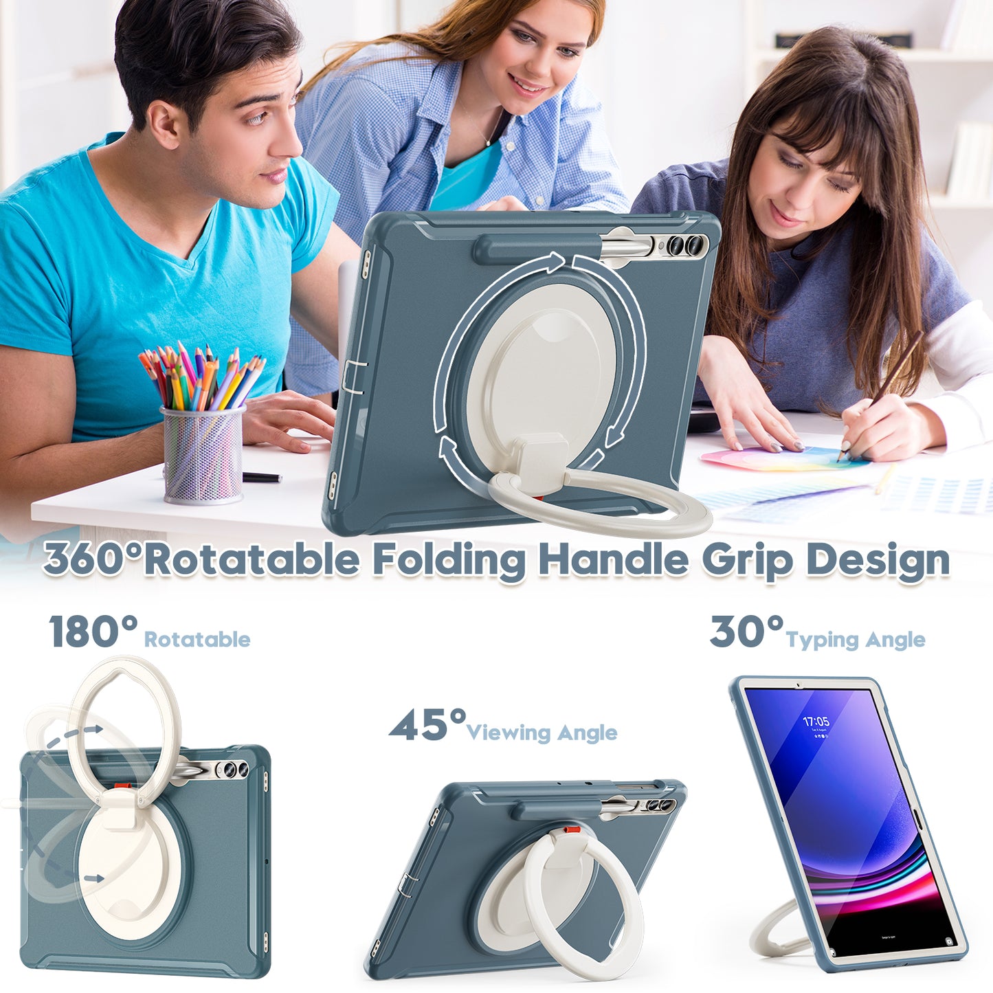 For Samsung Galaxy Tab S10+ X826 / S9 FE+ / S7+ T970 / Tab S7 FE T730 / Tab S8+ X800 / Tab S9+ X810 Case PC+TPU Rotating Kickstand Tablet Cover with Pen Holder - Cornflower Blue