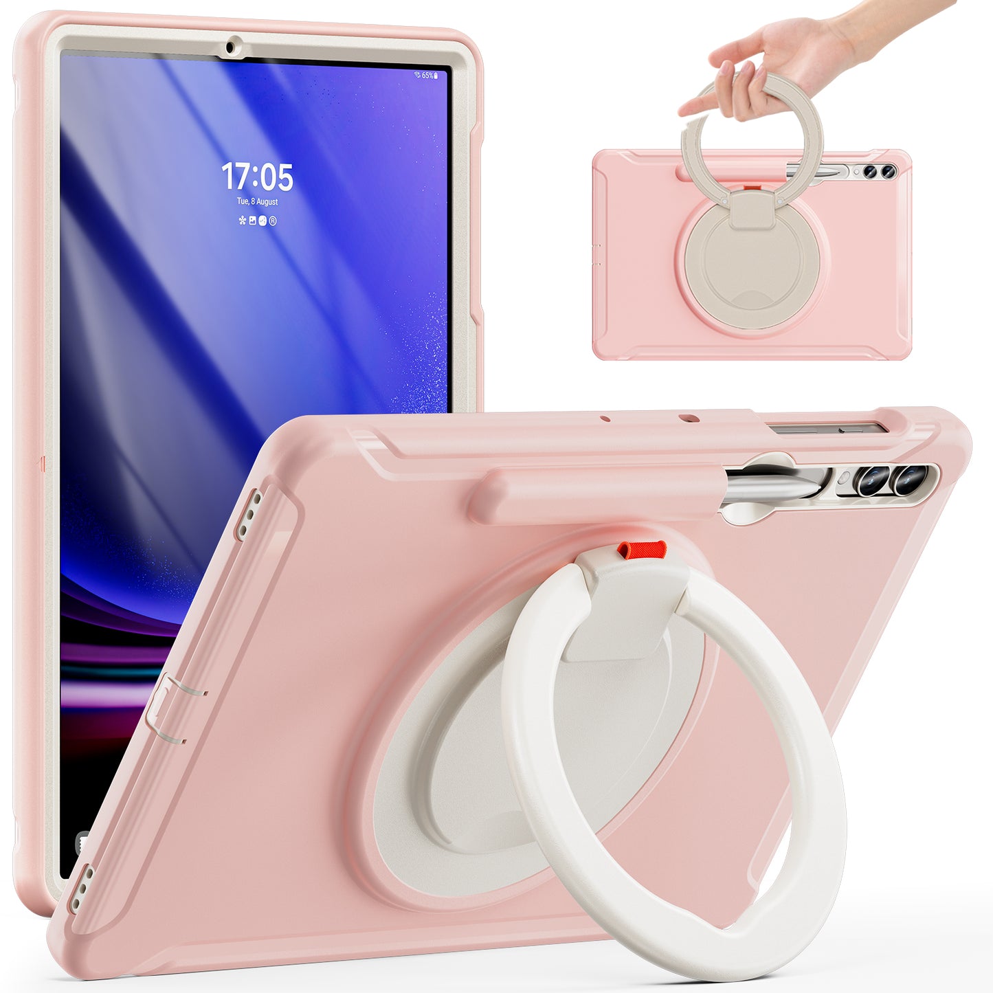 For Samsung Galaxy Tab S10+ X826 / S9 FE+ / S7+ T970 / Tab S7 FE T730 / Tab S8+ X800 / Tab S9+ X810 Case PC+TPU Rotating Kickstand Tablet Cover with Pen Holder - Cherry Blossoms Pink