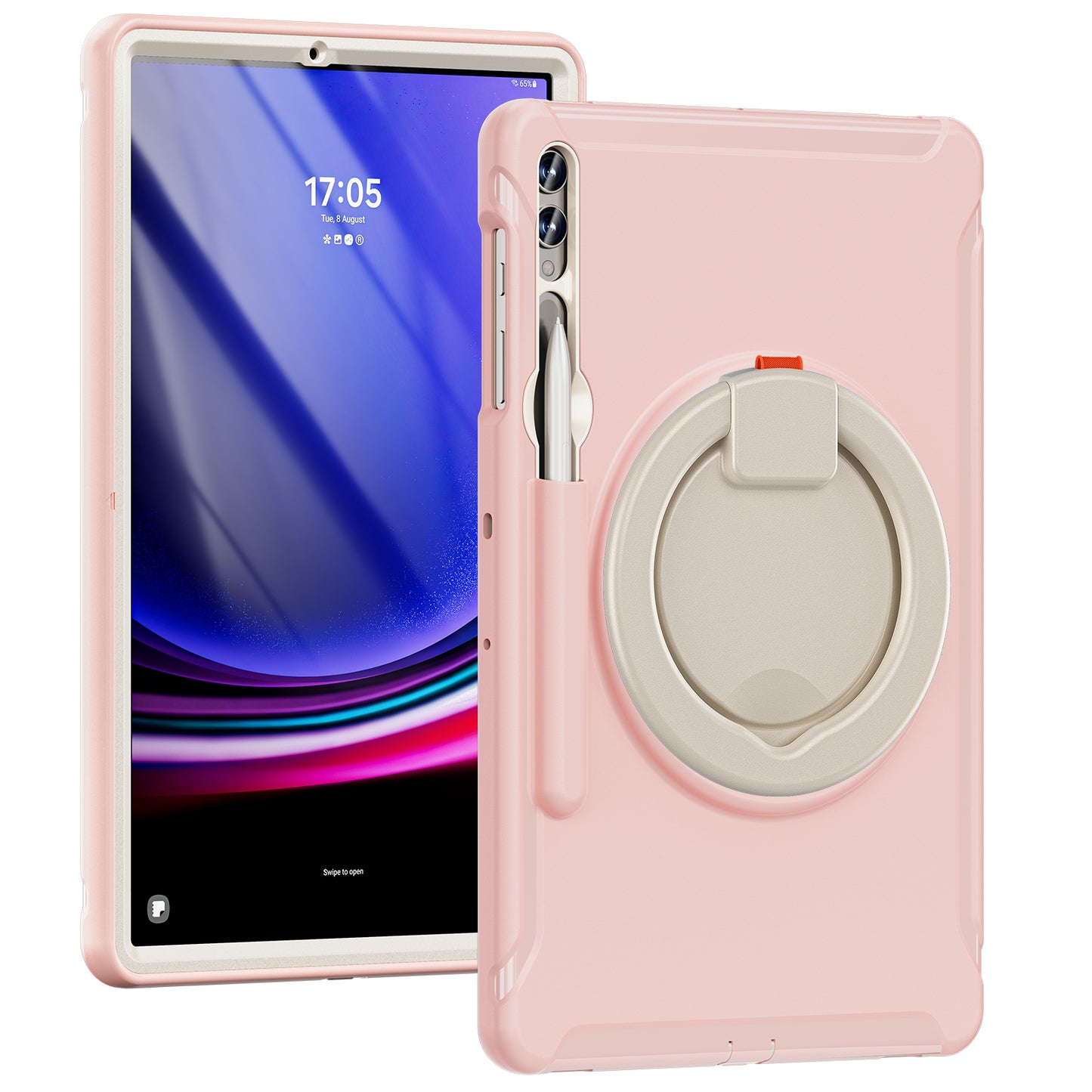 For Samsung Galaxy Tab S10+ X826 / S9 FE+ / S7+ T970 / Tab S7 FE T730 / Tab S8+ X800 / Tab S9+ X810 Case PC+TPU Rotating Kickstand Tablet Cover with Pen Holder - Cherry Blossoms Pink