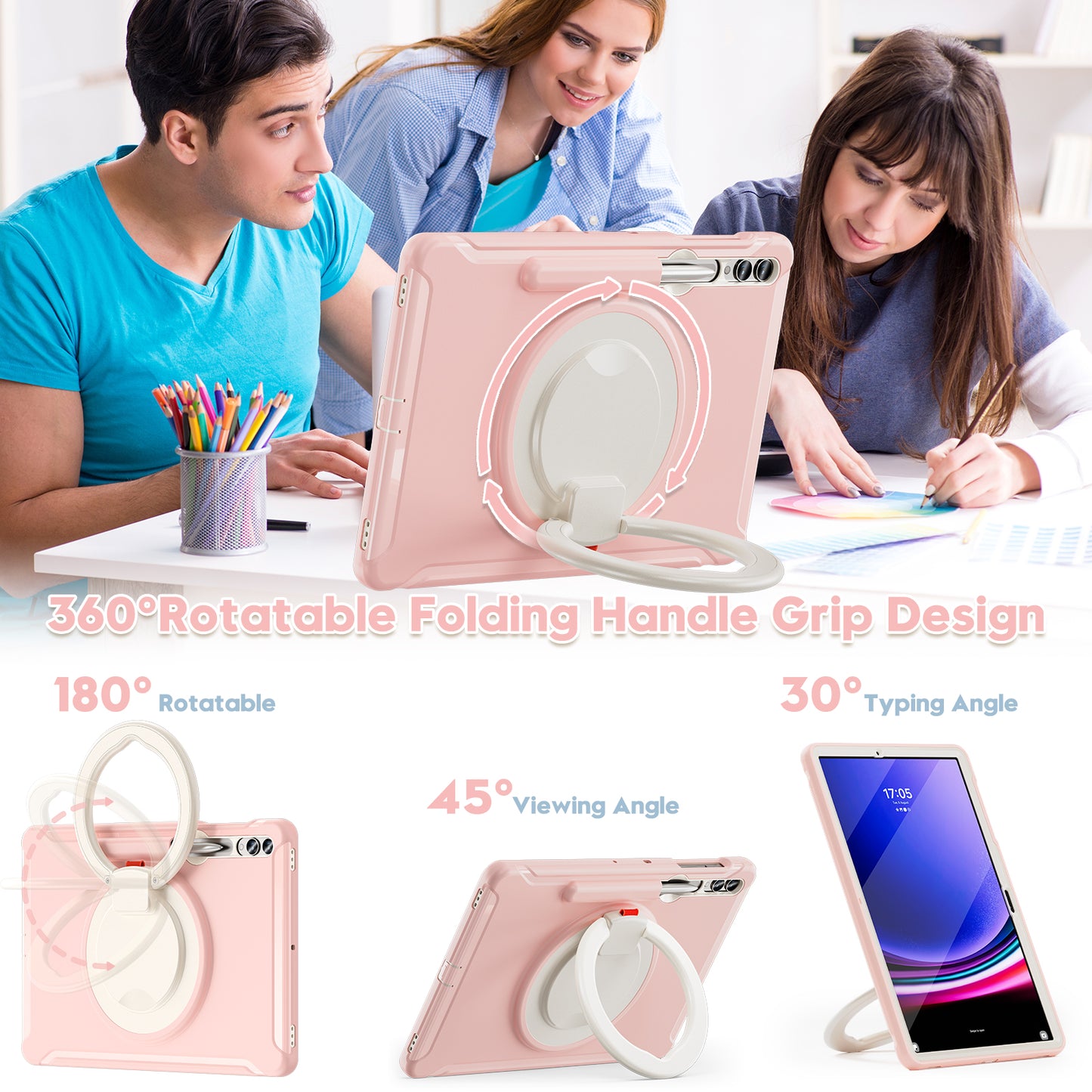 For Samsung Galaxy Tab S10+ X826 / S9 FE+ / S7+ T970 / Tab S7 FE T730 / Tab S8+ X800 / Tab S9+ X810 Case PC+TPU Rotating Kickstand Tablet Cover with Pen Holder - Cherry Blossoms Pink