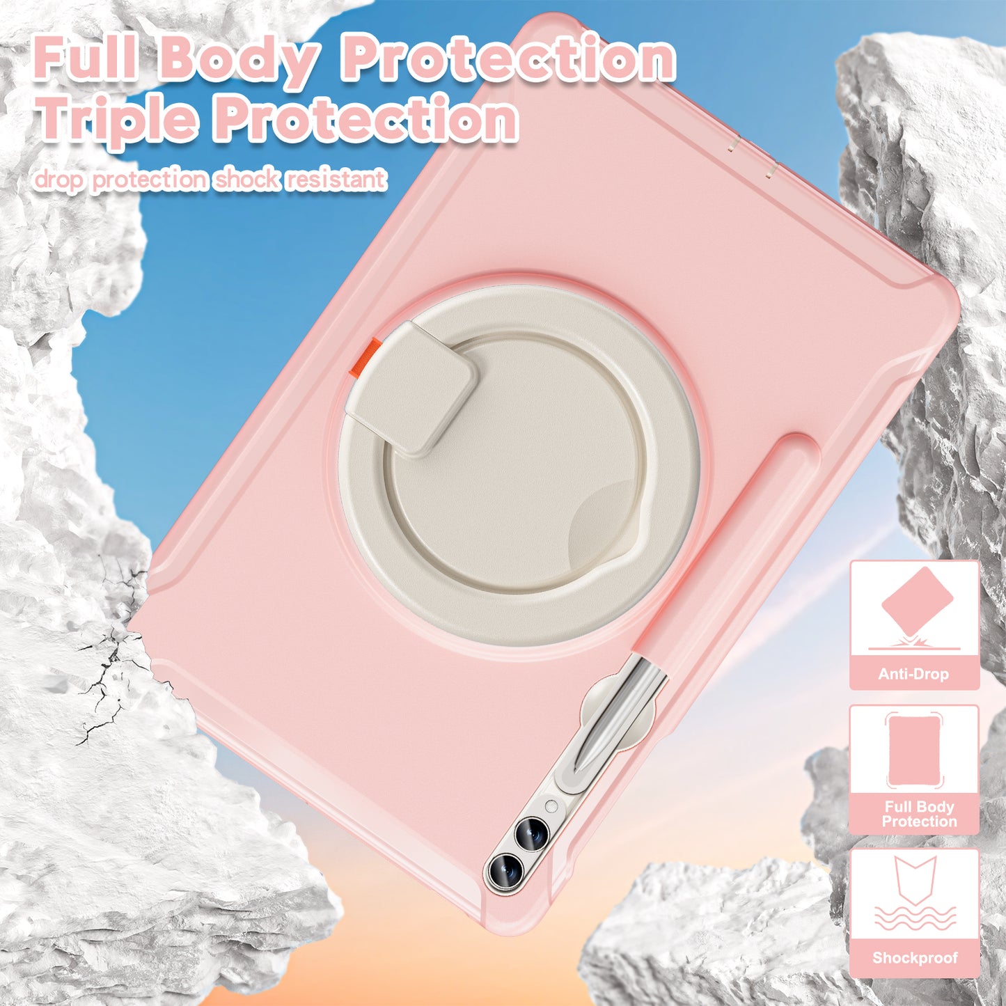 For Samsung Galaxy Tab S10+ X826 / S9 FE+ / S7+ T970 / Tab S7 FE T730 / Tab S8+ X800 / Tab S9+ X810 Case PC+TPU Rotating Kickstand Tablet Cover with Pen Holder - Cherry Blossoms Pink