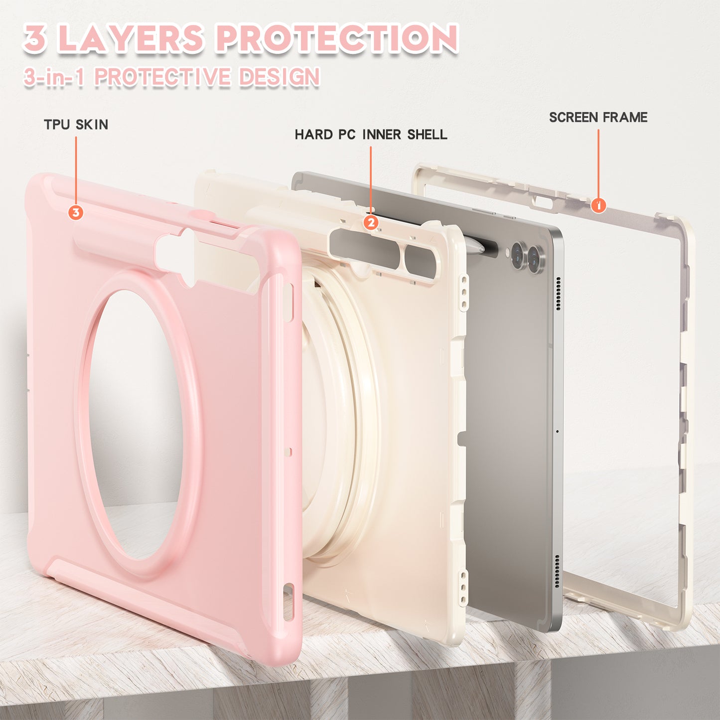 For Samsung Galaxy Tab S10+ X826 / S9 FE+ / S7+ T970 / Tab S7 FE T730 / Tab S8+ X800 / Tab S9+ X810 Case PC+TPU Rotating Kickstand Tablet Cover with Pen Holder - Cherry Blossoms Pink